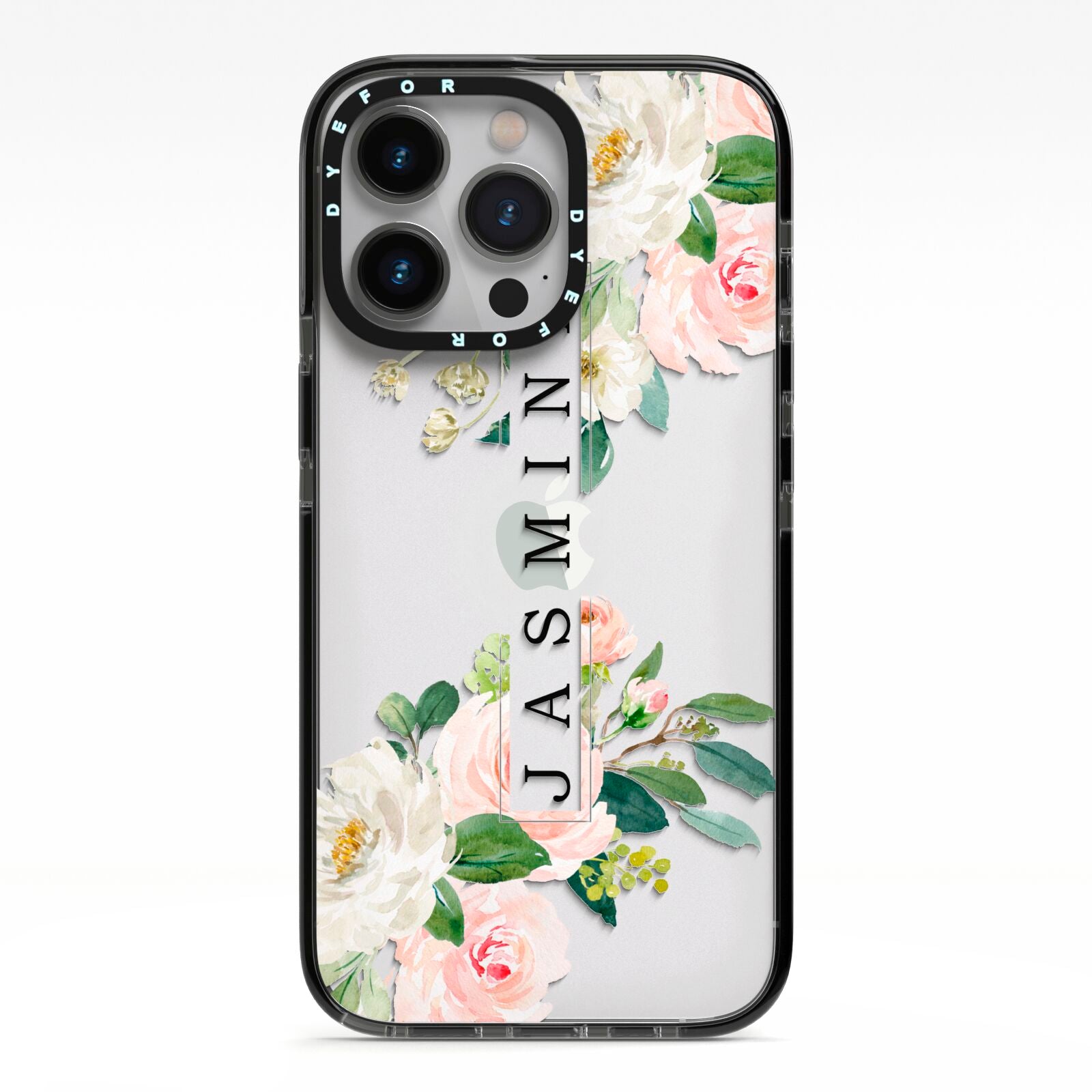 Personalised Floral Wreath with Name iPhone 13 Pro Black Impact Case on Silver phone