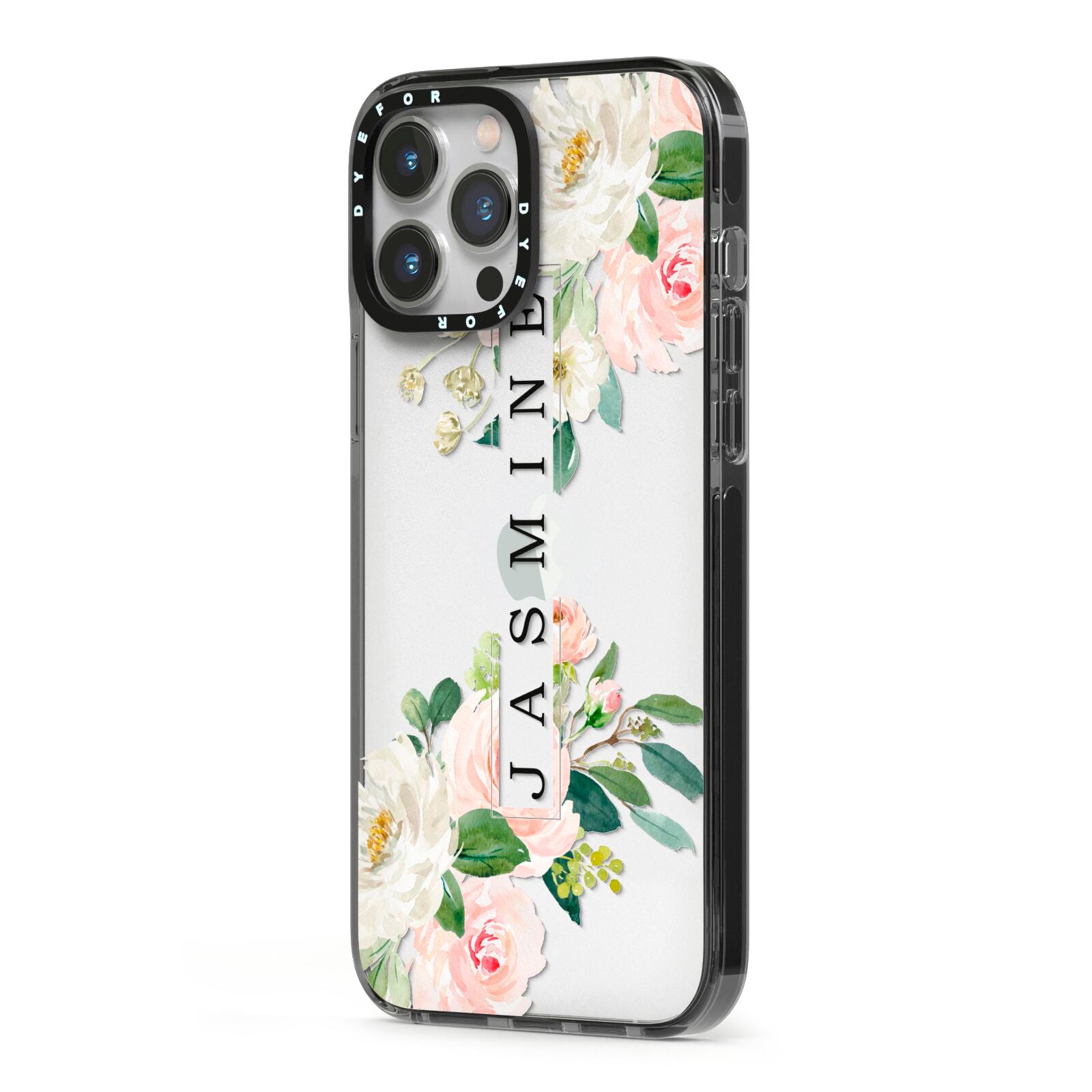 Personalised Floral Wreath with Name iPhone 13 Pro Max Black Impact Case Side Angle on Silver phone