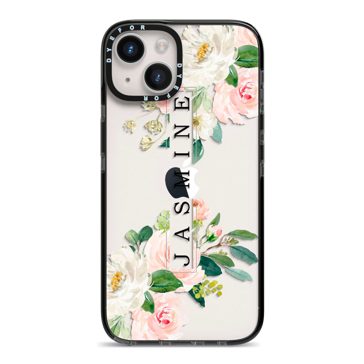 Personalised Floral Wreath with Name iPhone 14 Black Impact Case on Silver phone