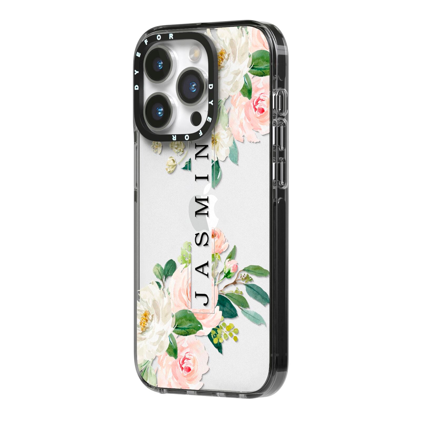 Personalised Floral Wreath with Name iPhone 14 Pro Black Impact Case Side Angle on Silver phone