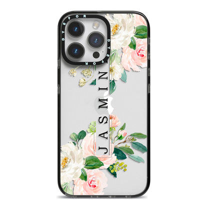 Personalised Floral Wreath with Name iPhone 14 Pro Max Black Impact Case on Silver phone