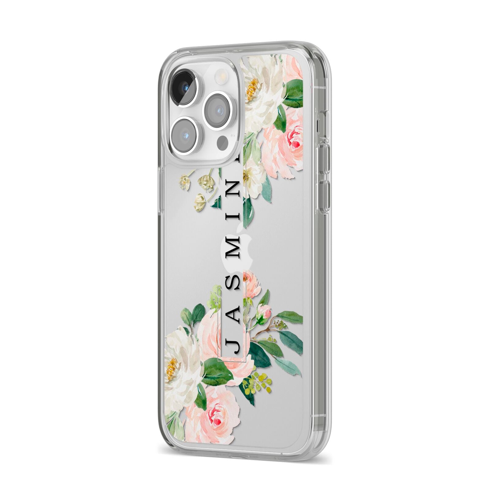 Personalised Floral Wreath with Name iPhone 14 Pro Max Clear Tough Case Silver Angled Image