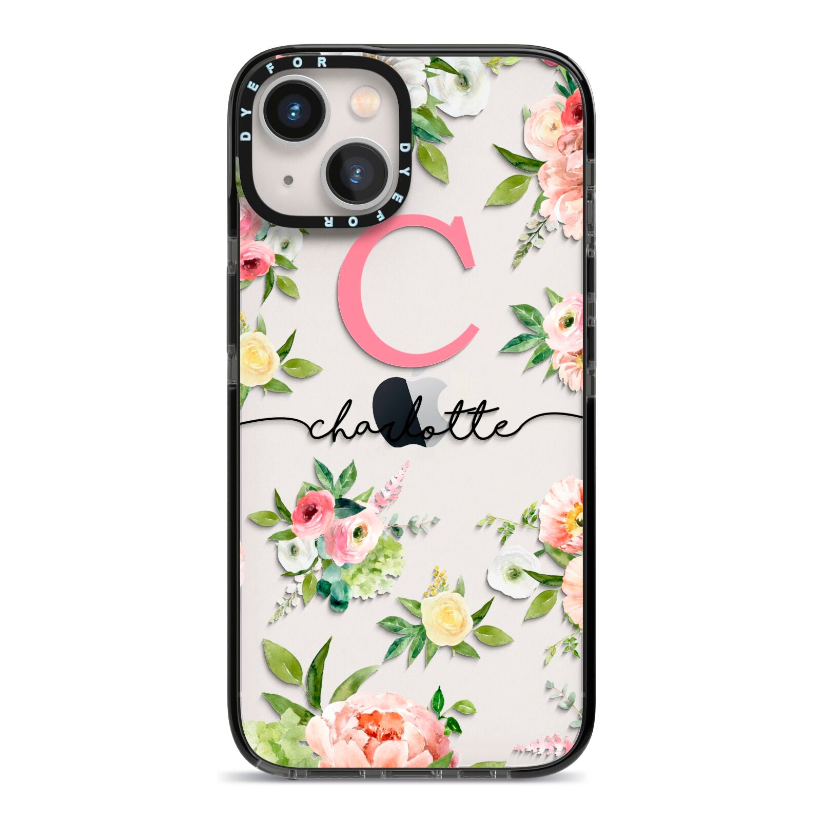 Personalised Floral iPhone 13 Black Impact Case on Silver phone