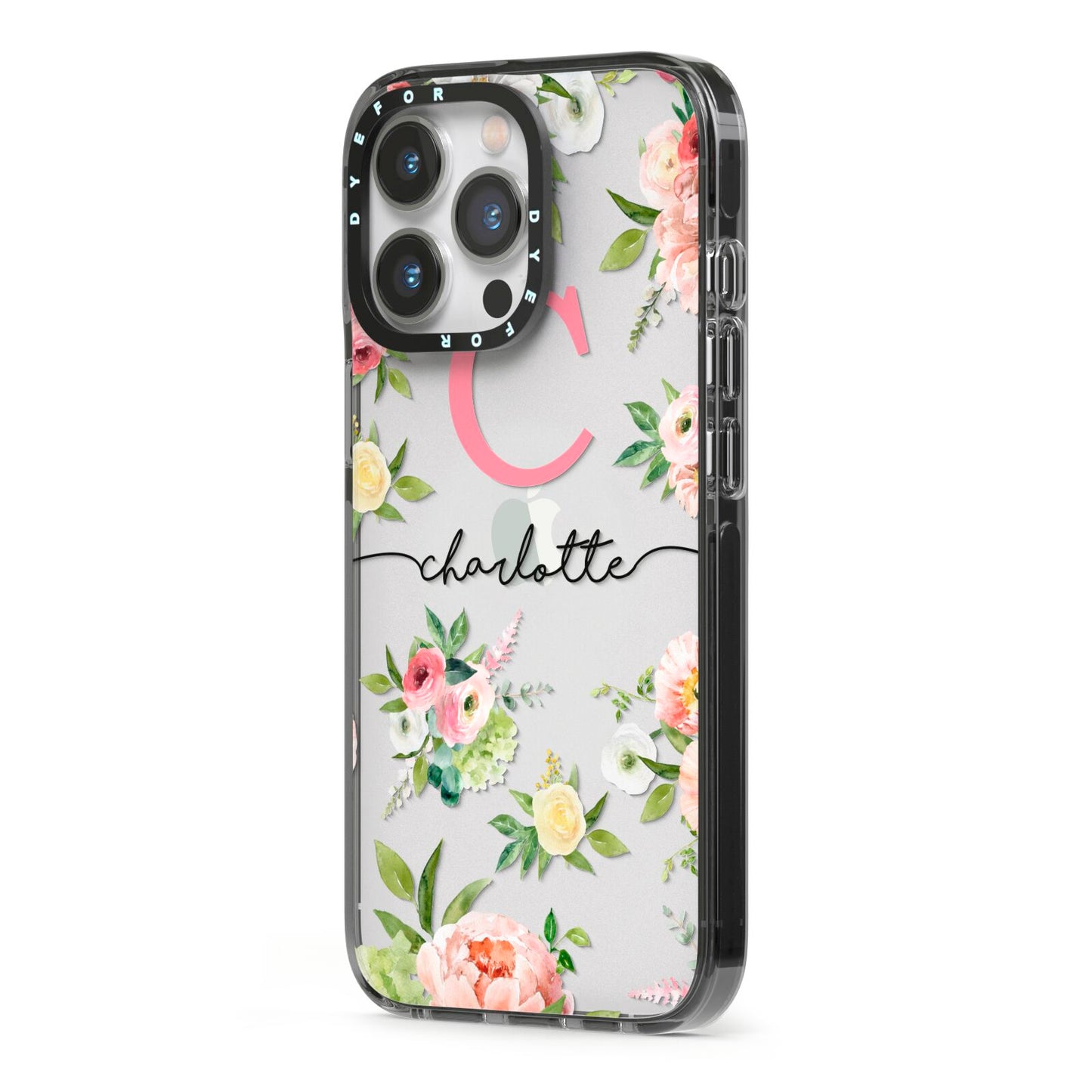 Personalised Floral iPhone 13 Pro Black Impact Case Side Angle on Silver phone