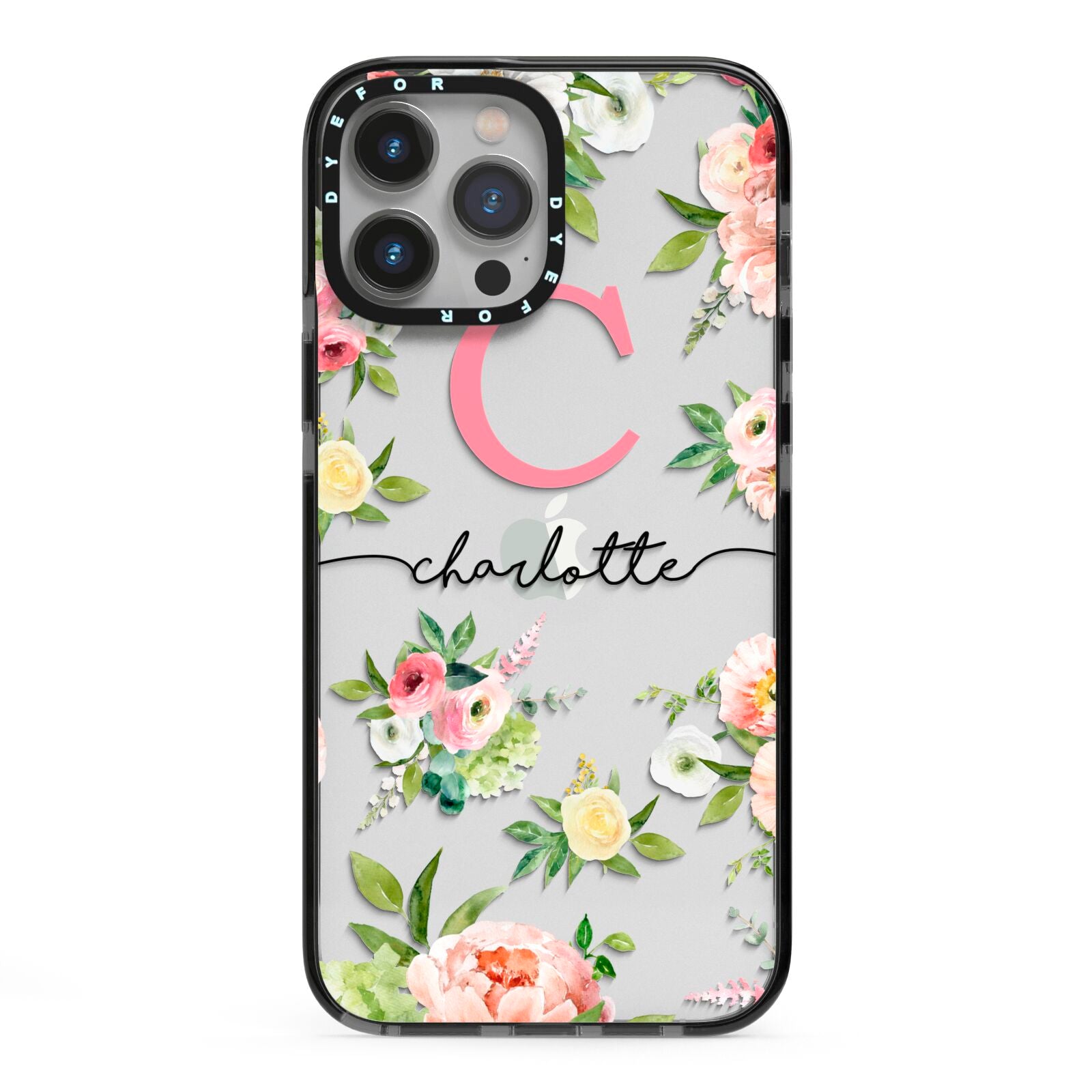 Personalised Floral iPhone 13 Pro Max Black Impact Case on Silver phone