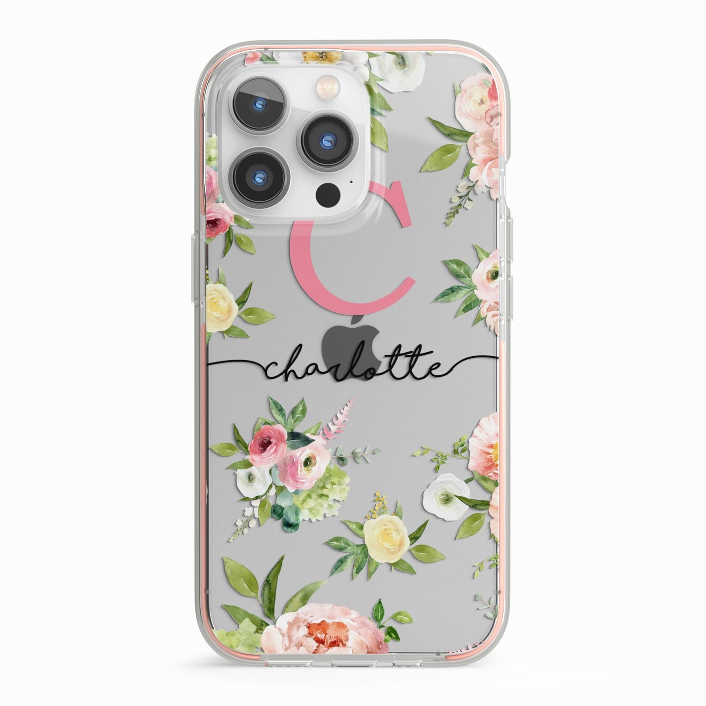 Personalised Floral iPhone 13 Pro TPU Impact Case with Pink Edges