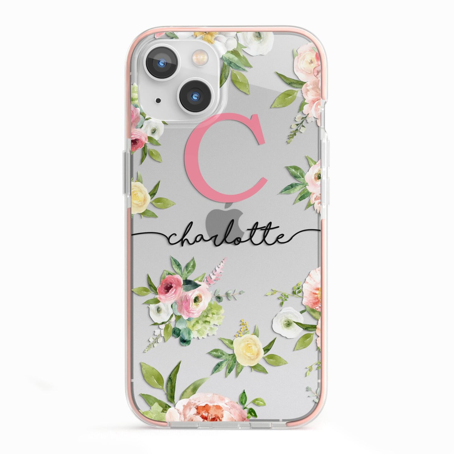 Personalised Floral iPhone 13 TPU Impact Case with Pink Edges