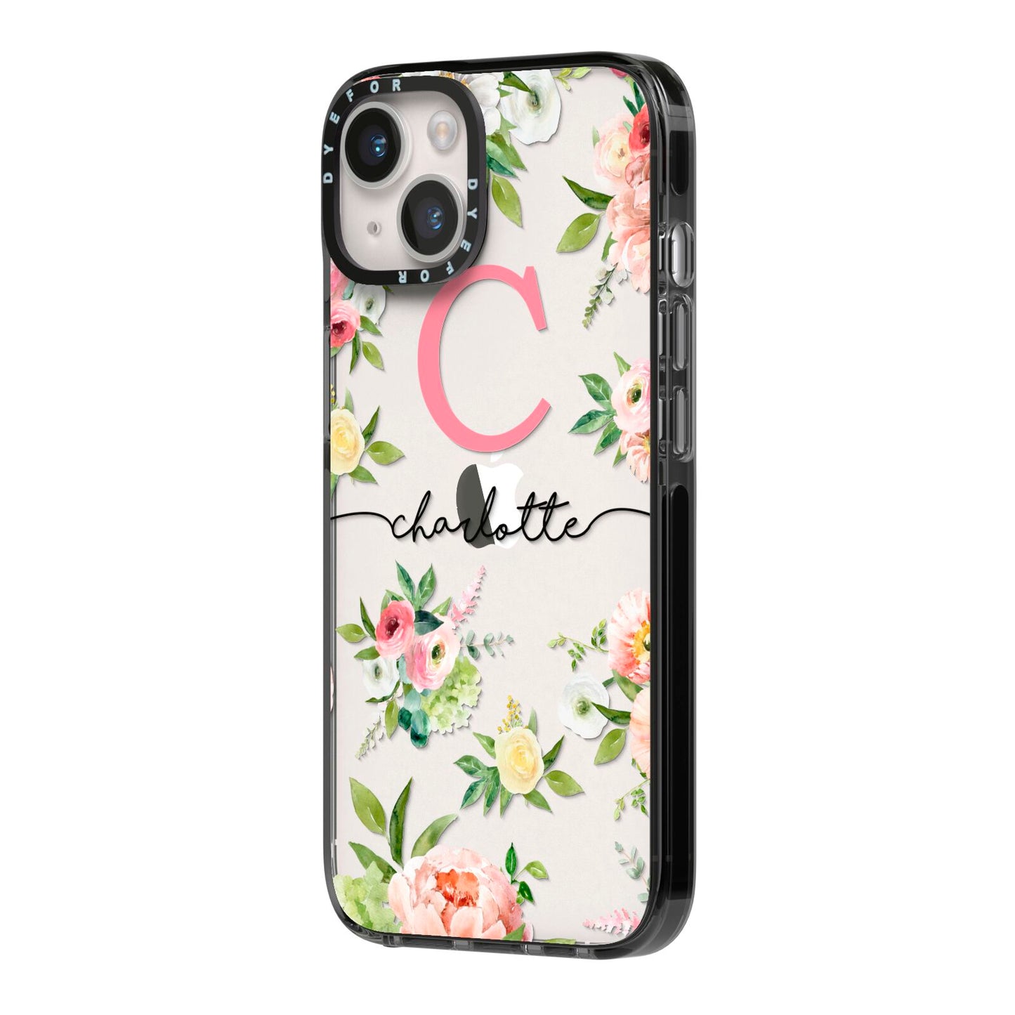 Personalised Floral iPhone 14 Black Impact Case Side Angle on Silver phone