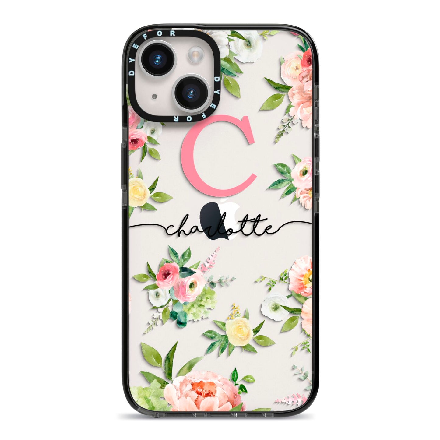 Personalised Floral iPhone 14 Black Impact Case on Silver phone
