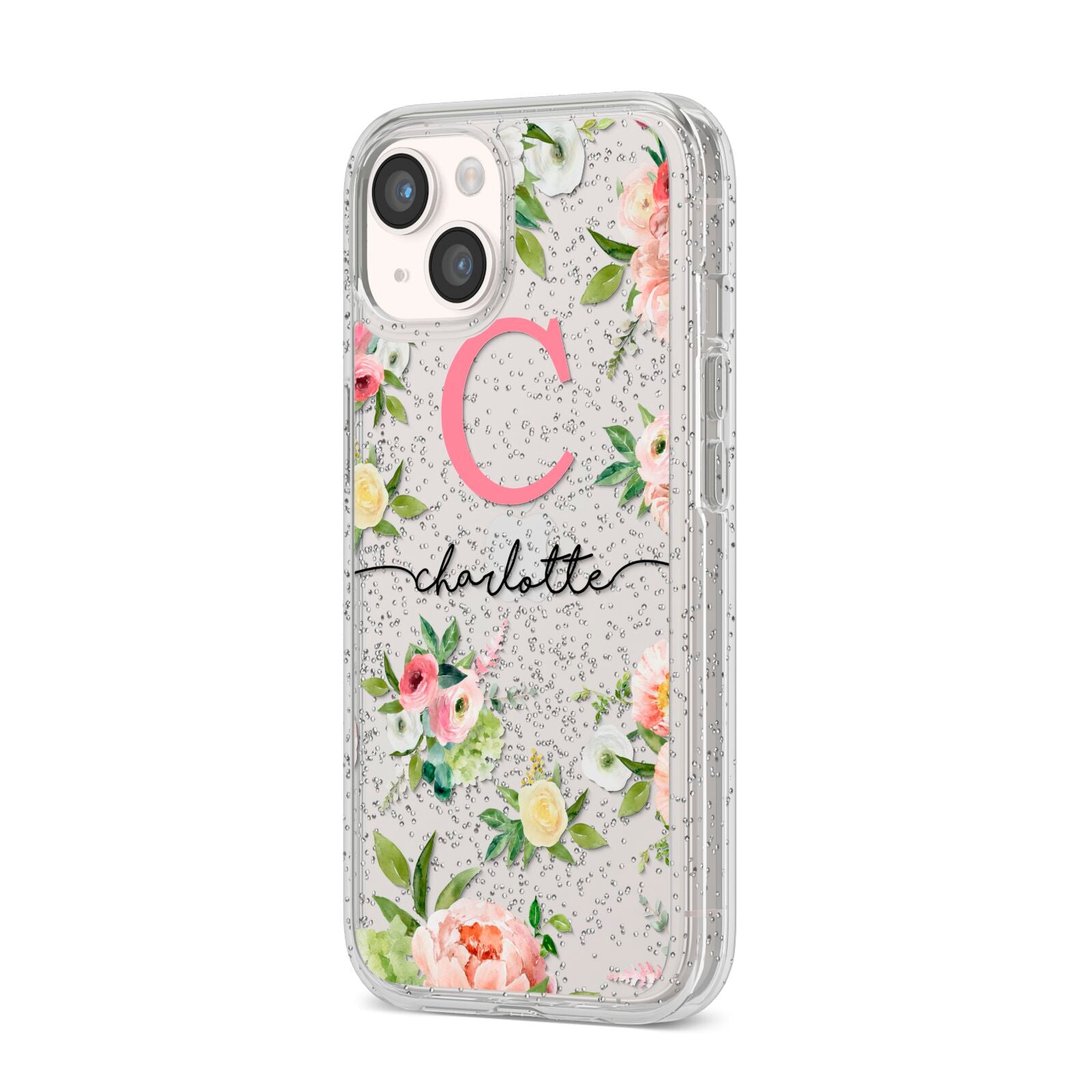 Personalised Floral iPhone 14 Glitter Tough Case Starlight Angled Image