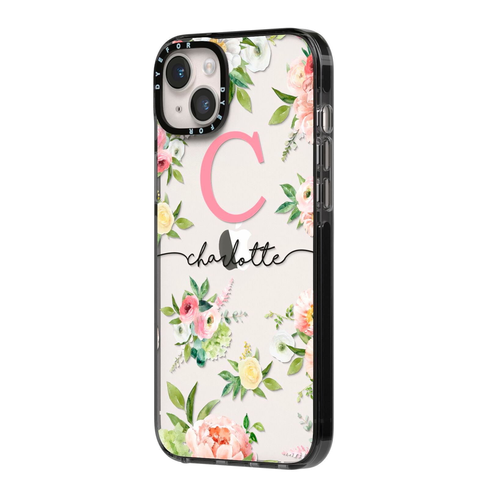 Personalised Floral iPhone 14 Plus Black Impact Case Side Angle on Silver phone