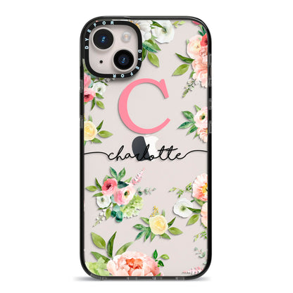 Personalised Floral iPhone 14 Plus Black Impact Case on Silver phone