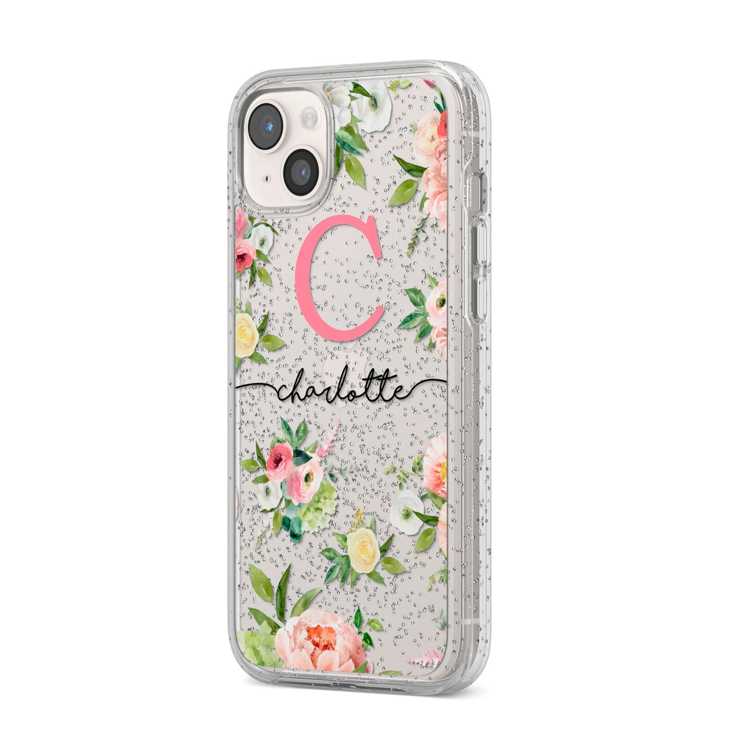 Personalised Floral iPhone 14 Plus Glitter Tough Case Starlight Angled Image