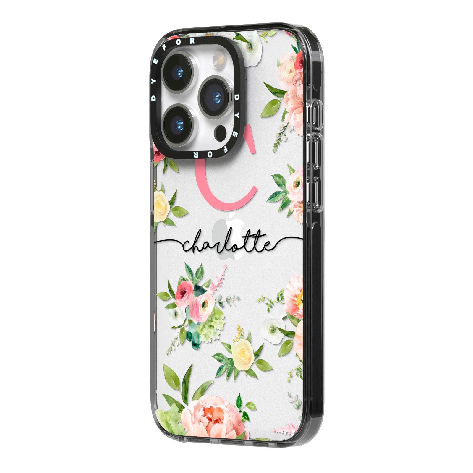 Personalised Floral iPhone 14 Pro Black Impact Case Side Angle on Silver phone