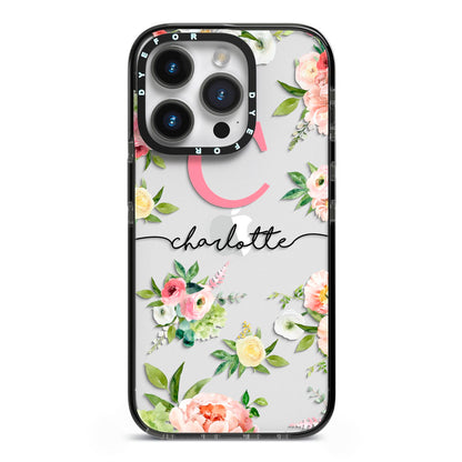 Personalised Floral iPhone 14 Pro Black Impact Case on Silver phone