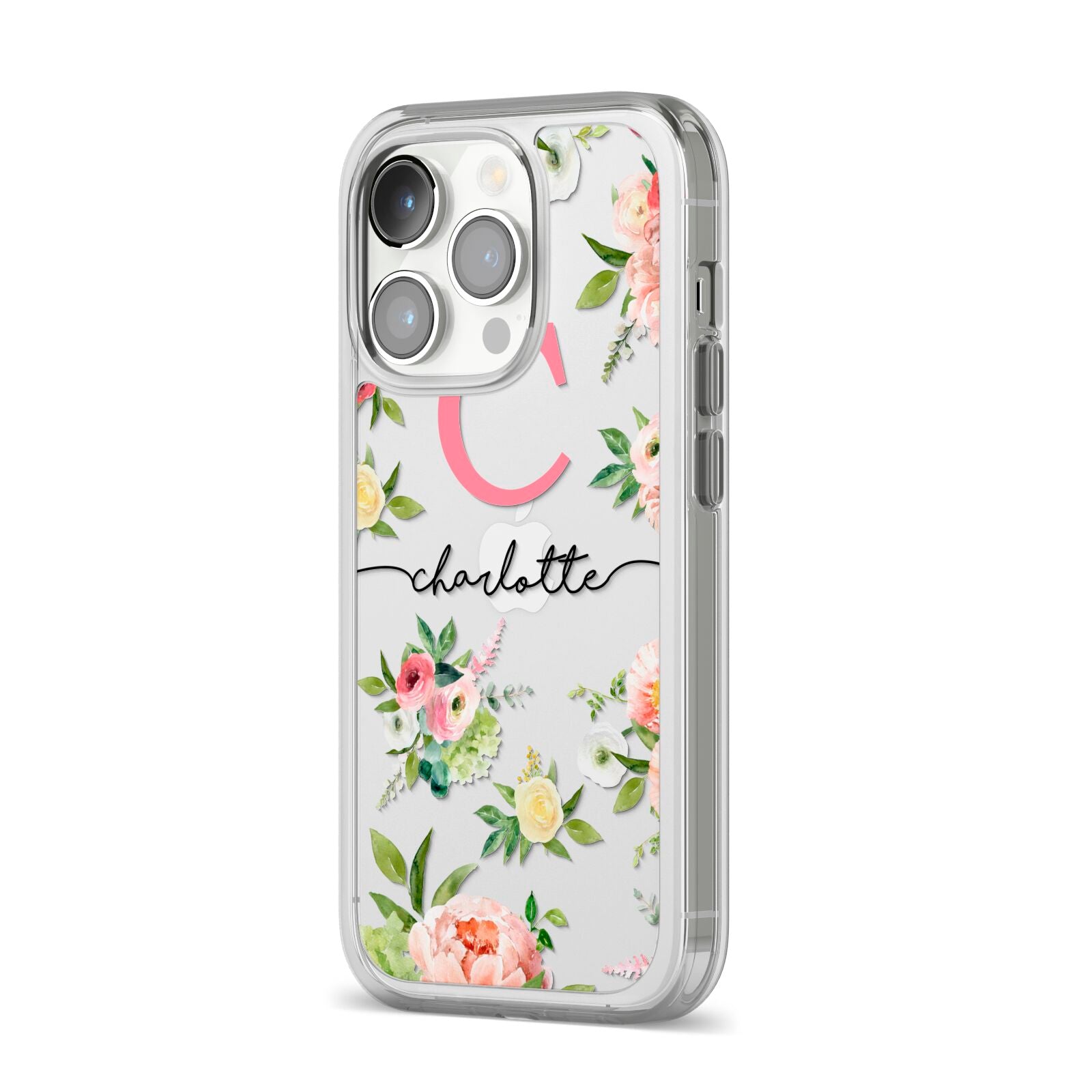 Personalised Floral iPhone 14 Pro Clear Tough Case Silver Angled Image
