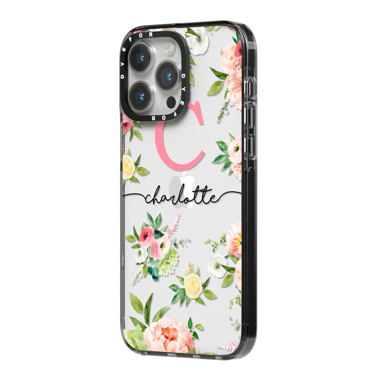 Personalised Floral iPhone 14 Pro Max Black Impact Case Side Angle on Silver phone