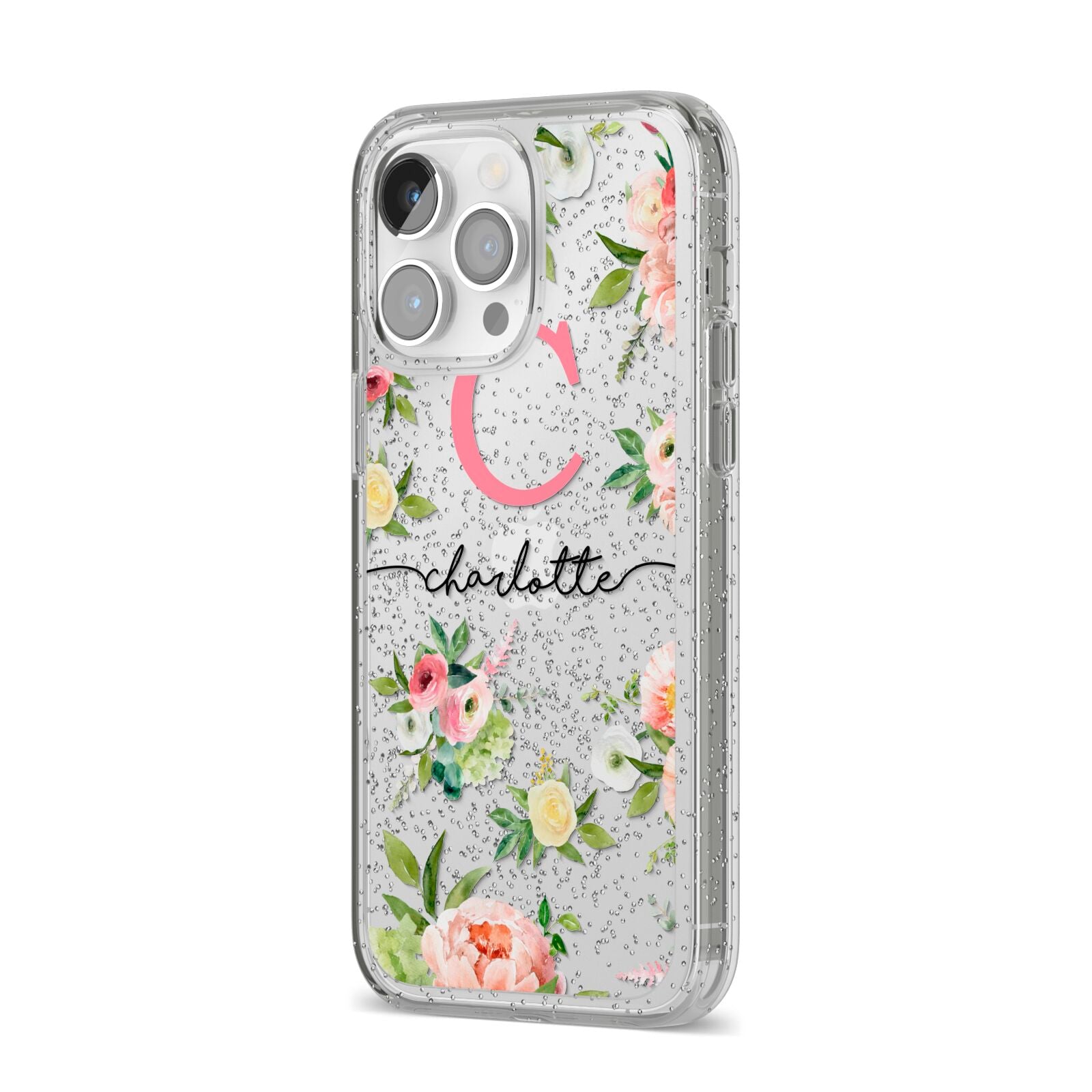 Personalised Floral iPhone 14 Pro Max Glitter Tough Case Silver Angled Image