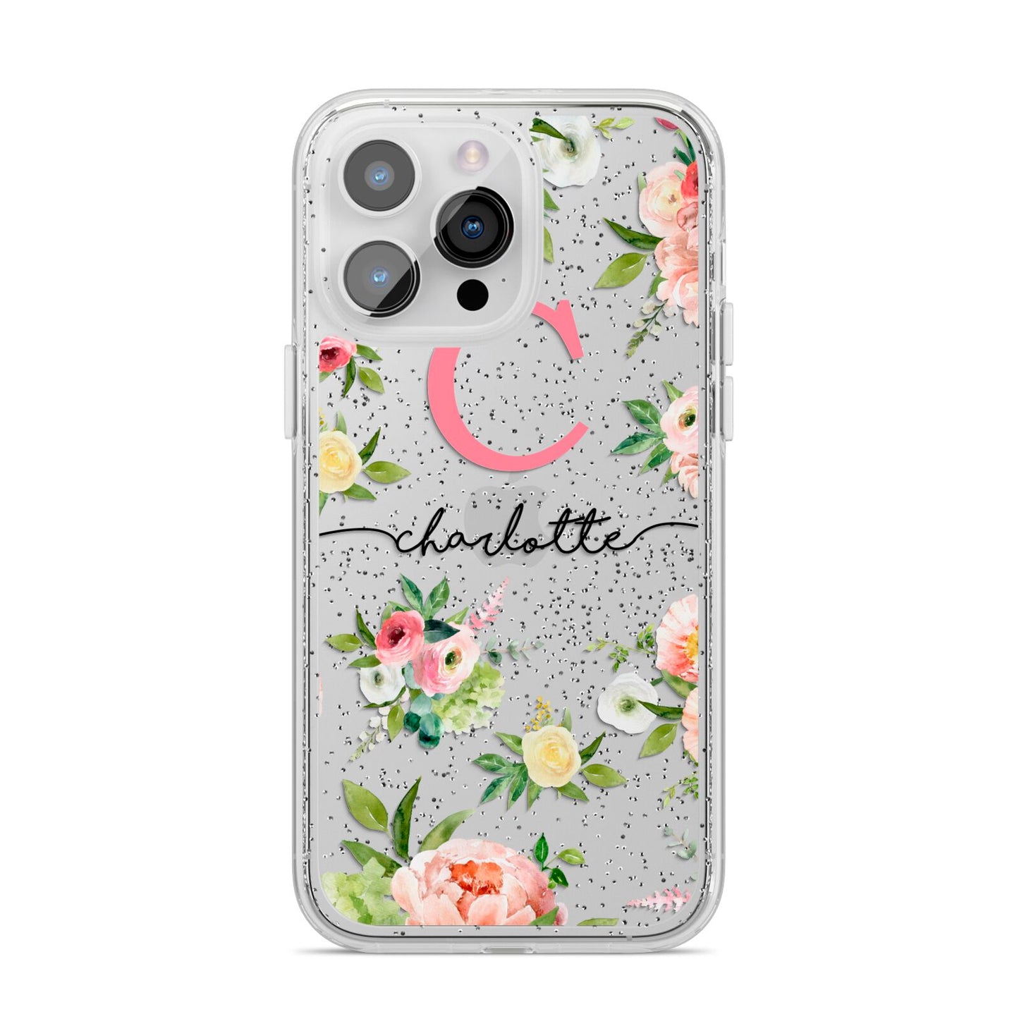 Personalised Floral iPhone 14 Pro Max Glitter Tough Case Silver