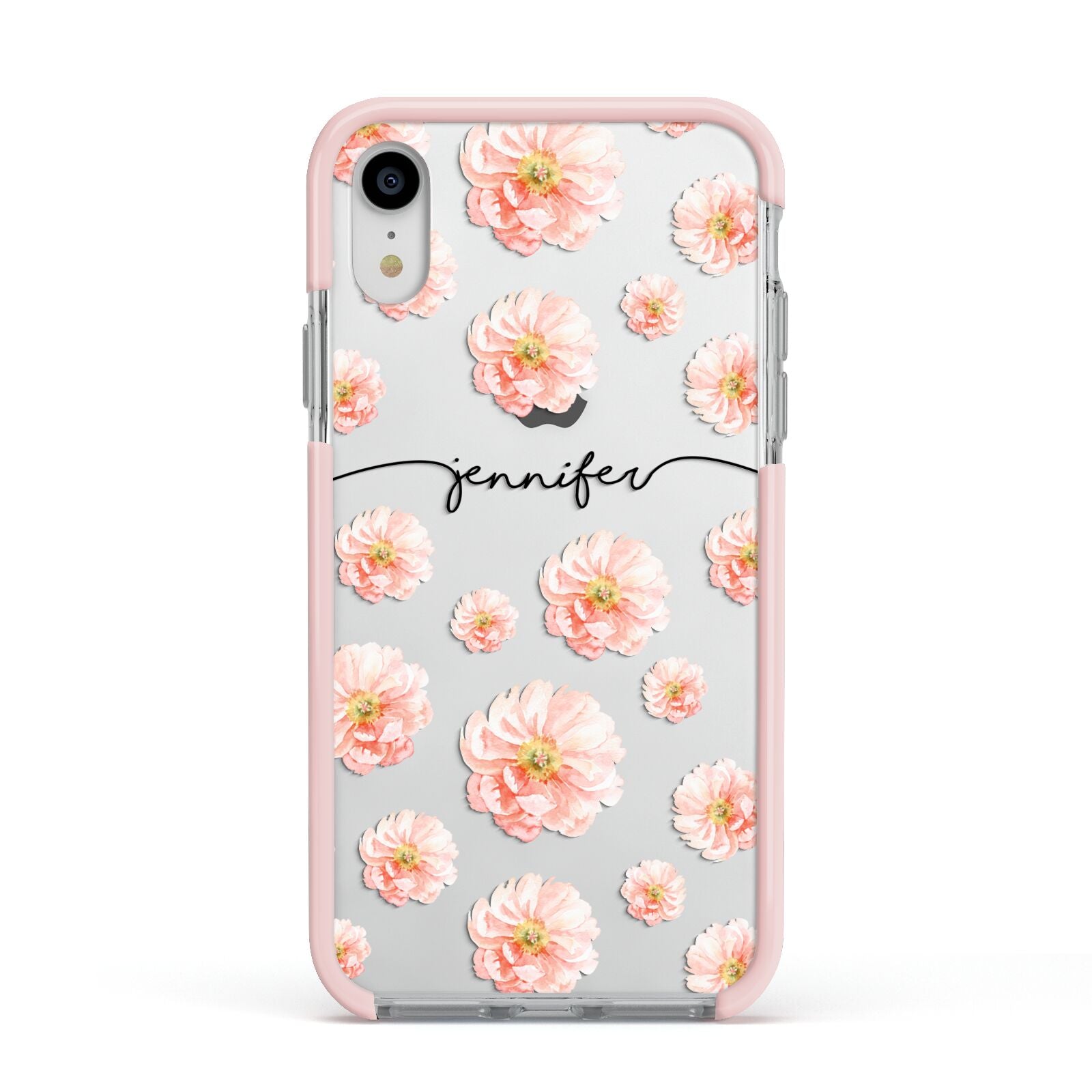 Personalised Flower Name Apple iPhone XR Impact Case Pink Edge on Silver Phone