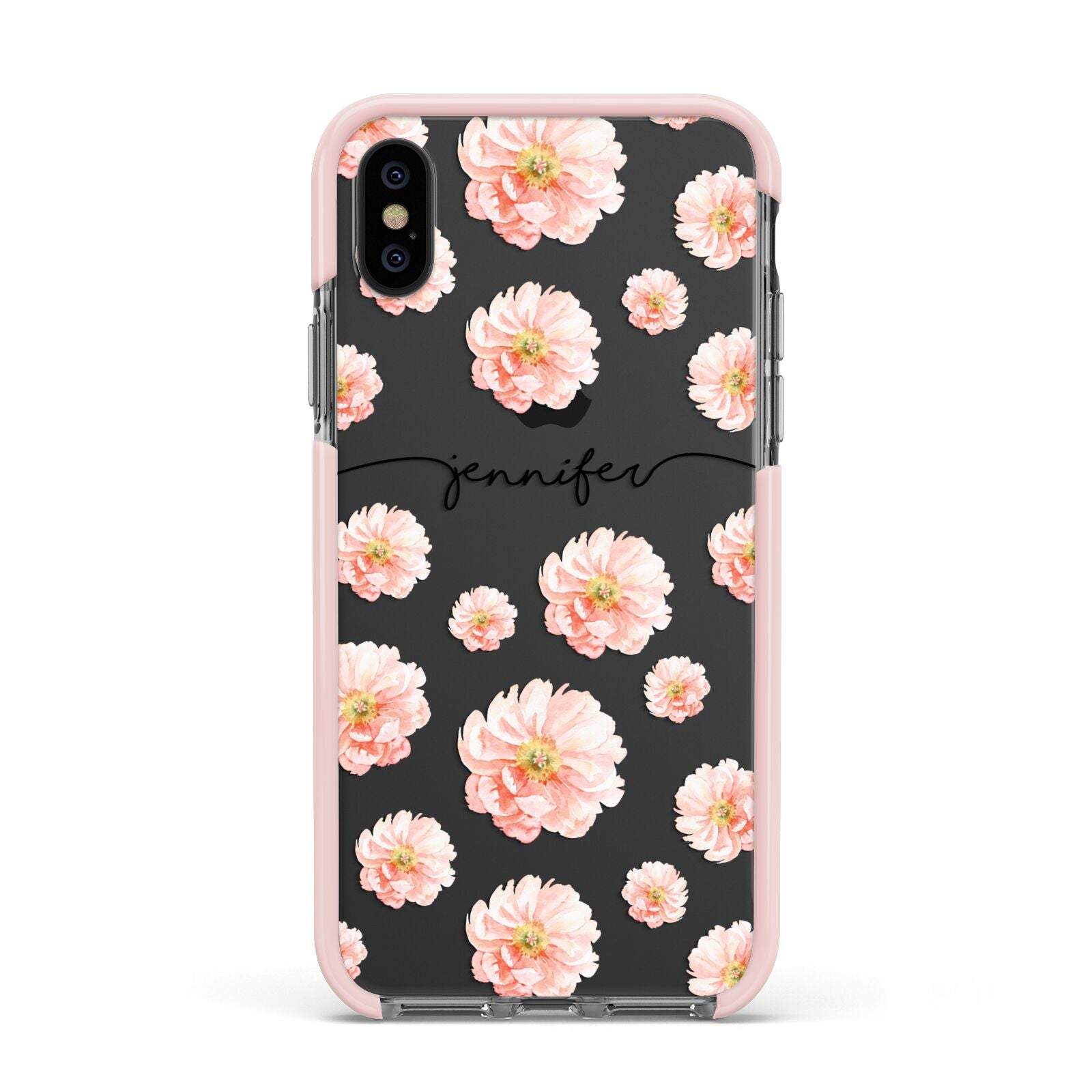 Personalised Flower Name Apple iPhone Xs Impact Case Pink Edge on Black Phone