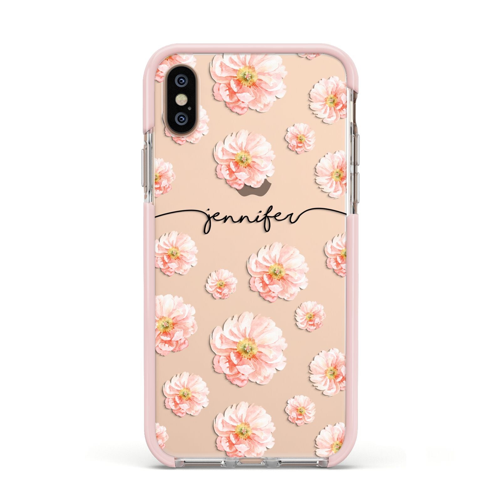 Personalised Flower Name Apple iPhone Xs Impact Case Pink Edge on Gold Phone