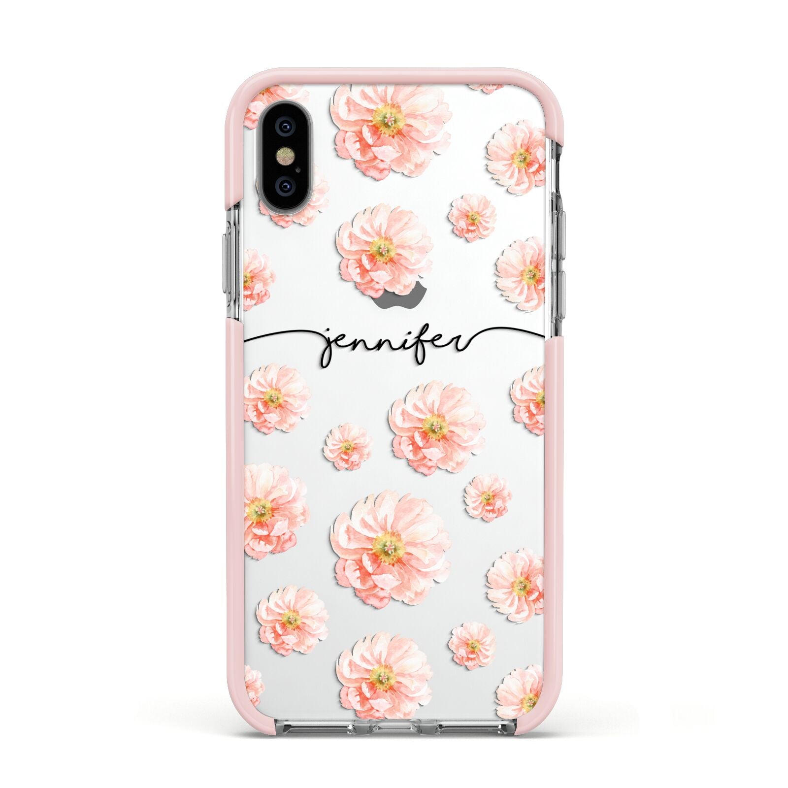 Personalised Flower Name Apple iPhone Xs Impact Case Pink Edge on Silver Phone