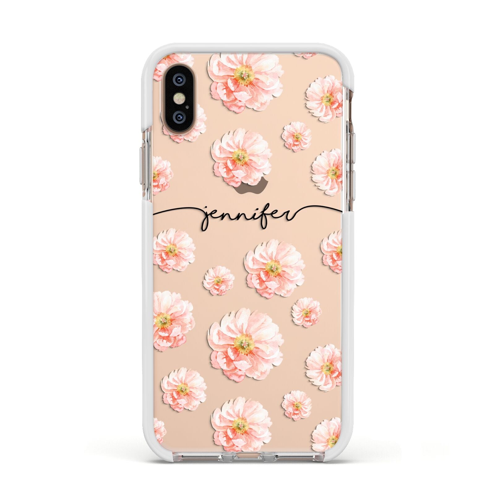 Personalised Flower Name Apple iPhone Xs Impact Case White Edge on Gold Phone