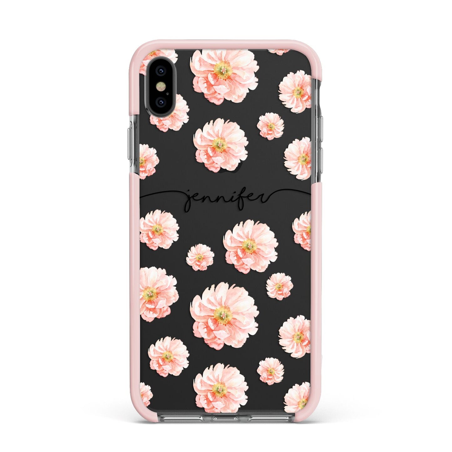 Personalised Flower Name Apple iPhone Xs Max Impact Case Pink Edge on Black Phone