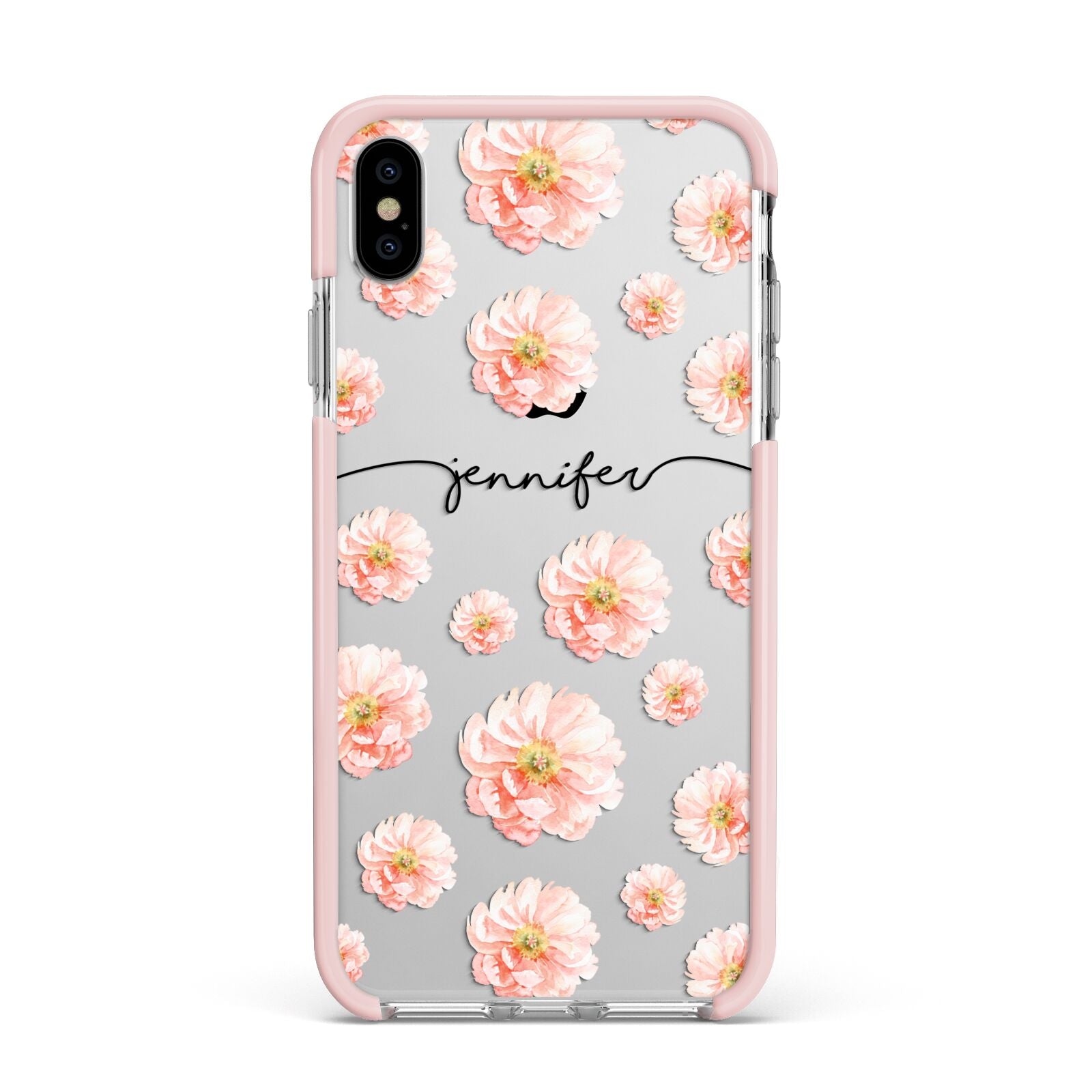 Personalised Flower Name Apple iPhone Xs Max Impact Case Pink Edge on Silver Phone