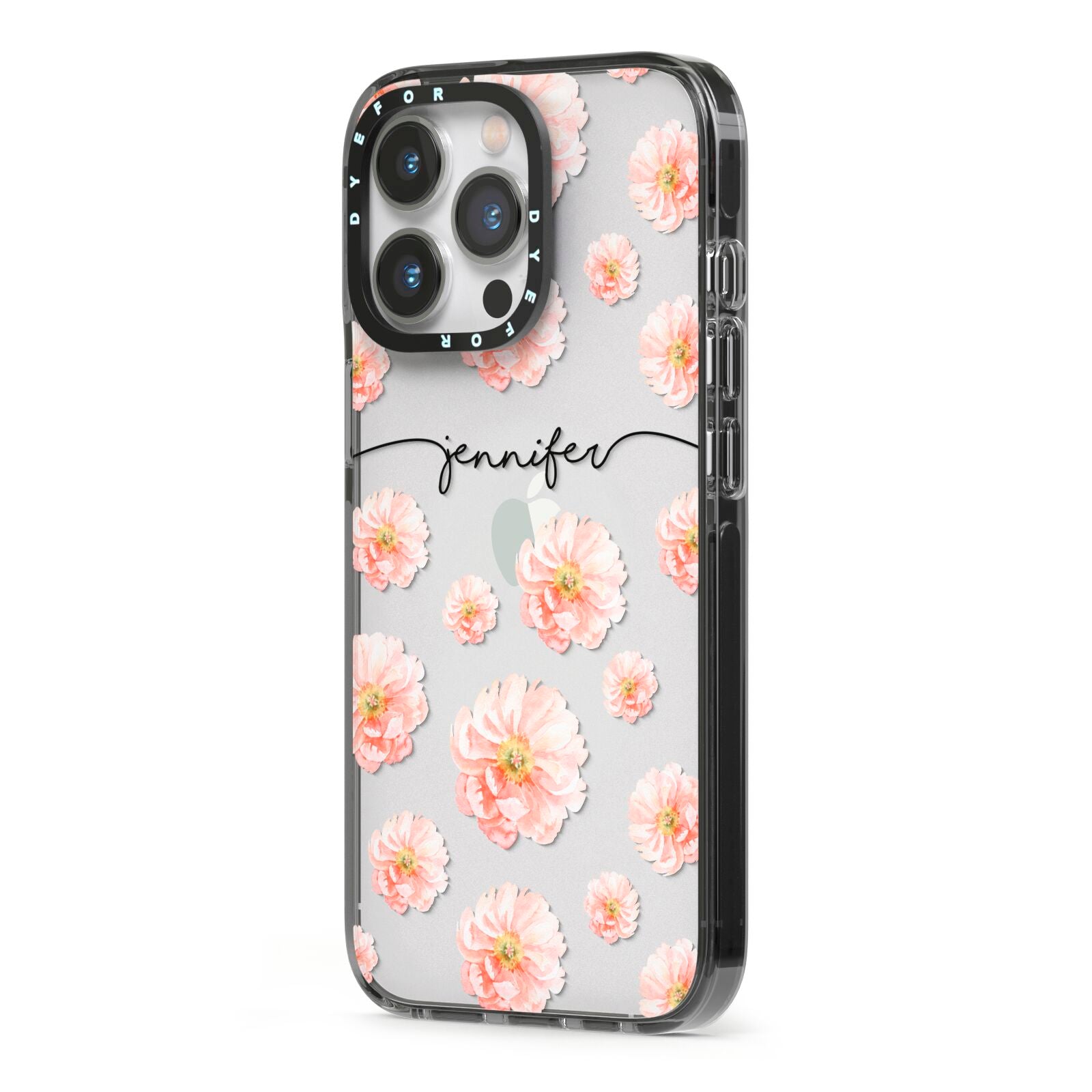 Personalised Flower Name iPhone 13 Pro Black Impact Case Side Angle on Silver phone