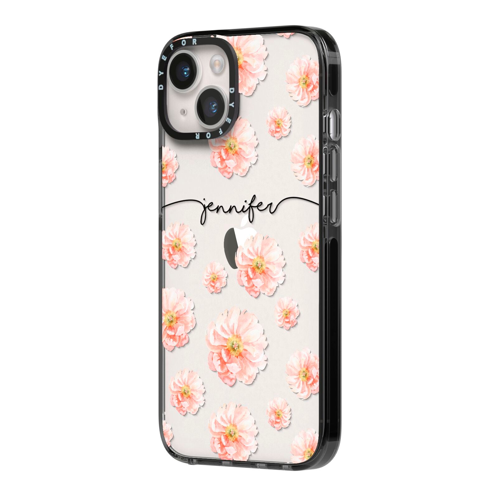 Personalised Flower Name iPhone 14 Black Impact Case Side Angle on Silver phone