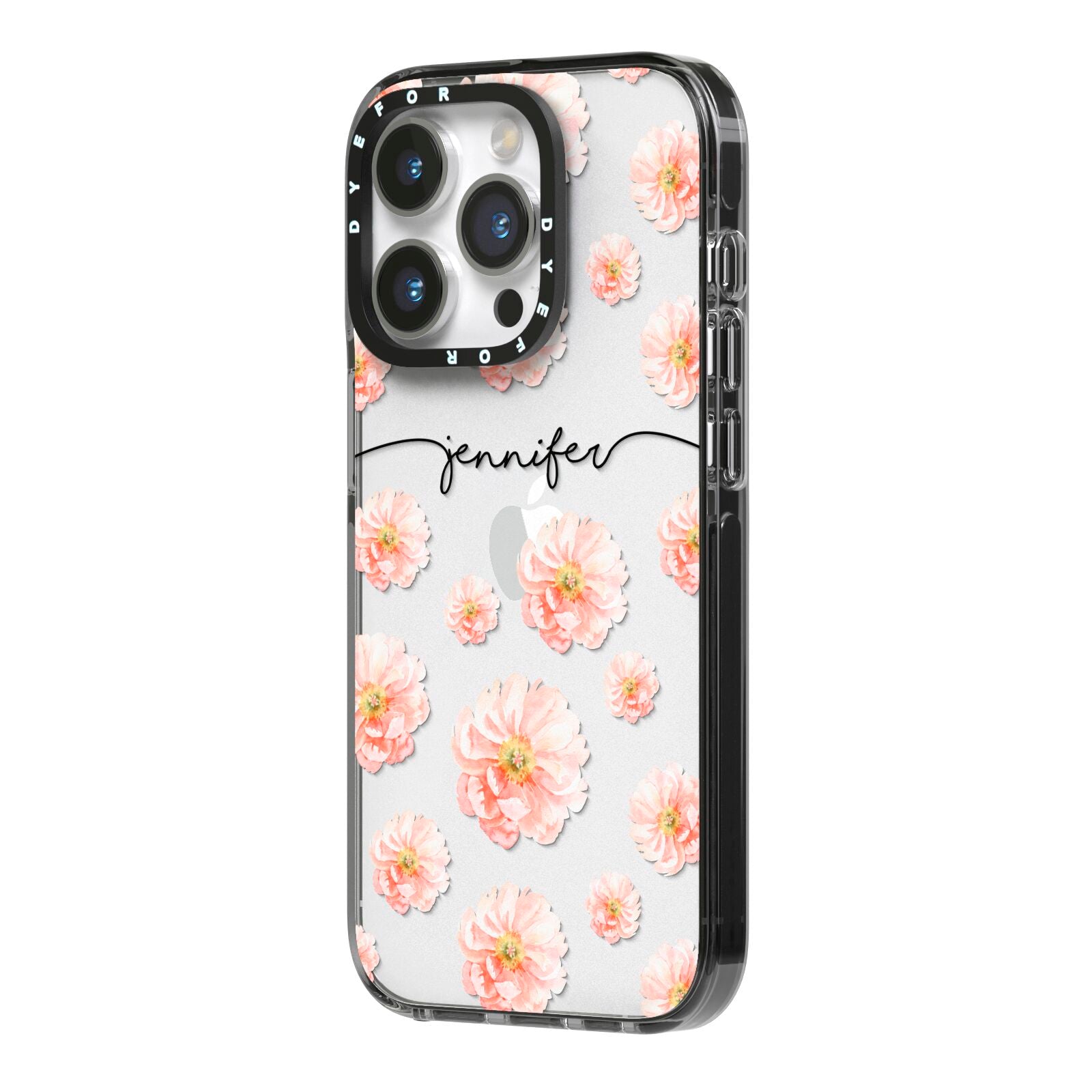 Personalised Flower Name iPhone 14 Pro Black Impact Case Side Angle on Silver phone