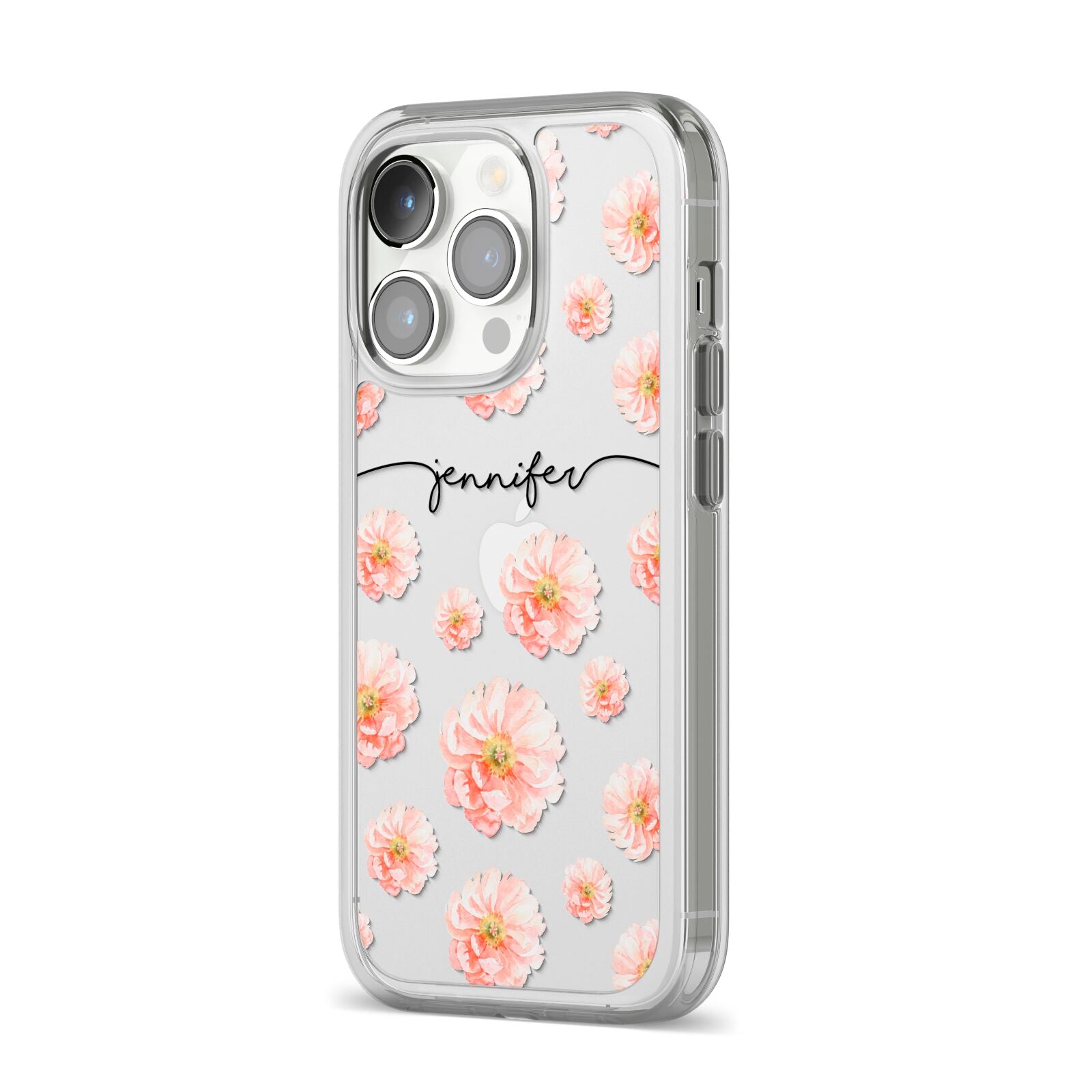 Personalised Flower Name iPhone 14 Pro Clear Tough Case Silver Angled Image