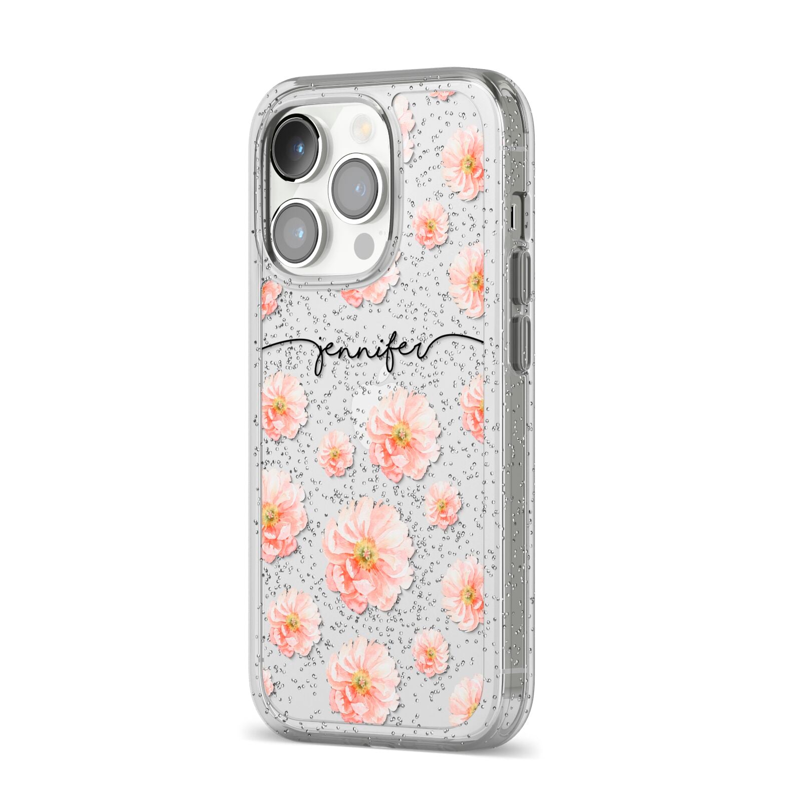 Personalised Flower Name iPhone 14 Pro Glitter Tough Case Silver Angled Image