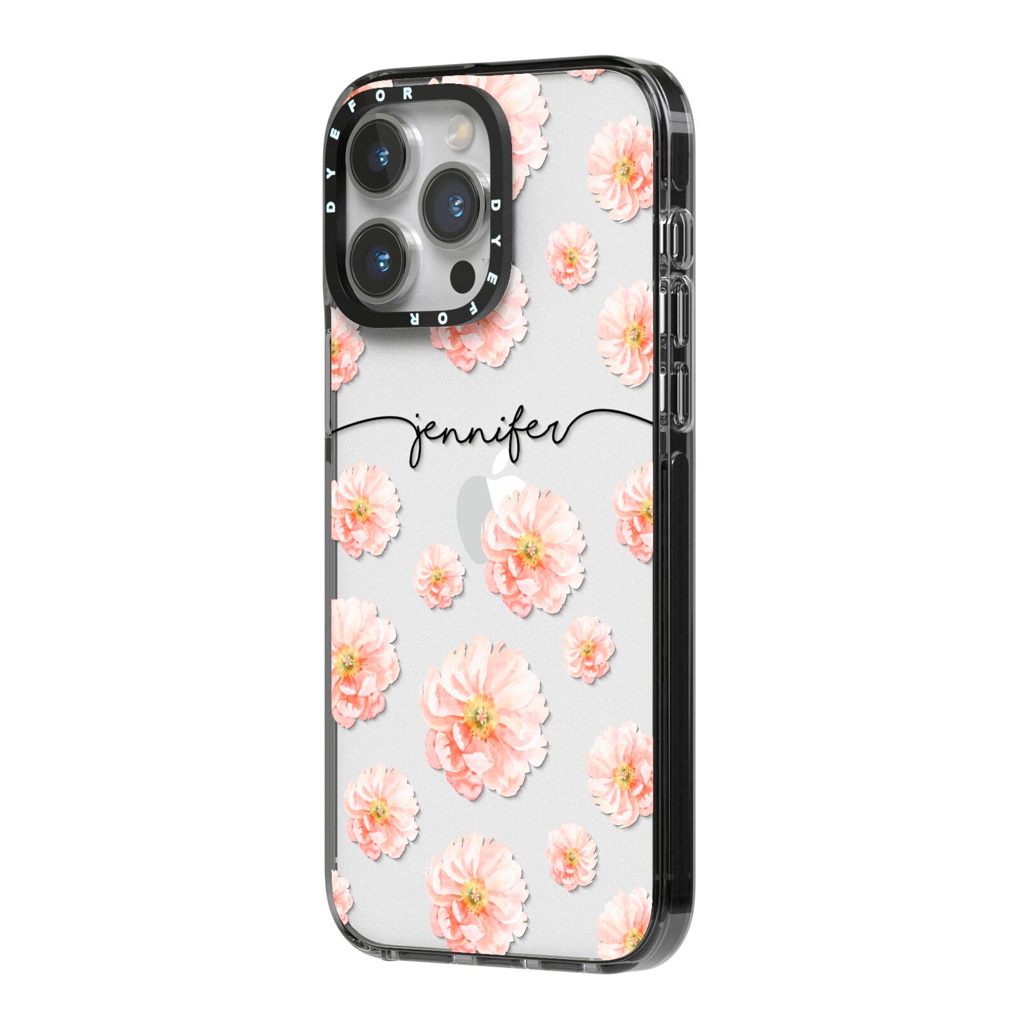 Personalised Flower Name iPhone 14 Pro Max Black Impact Case Side Angle on Silver phone