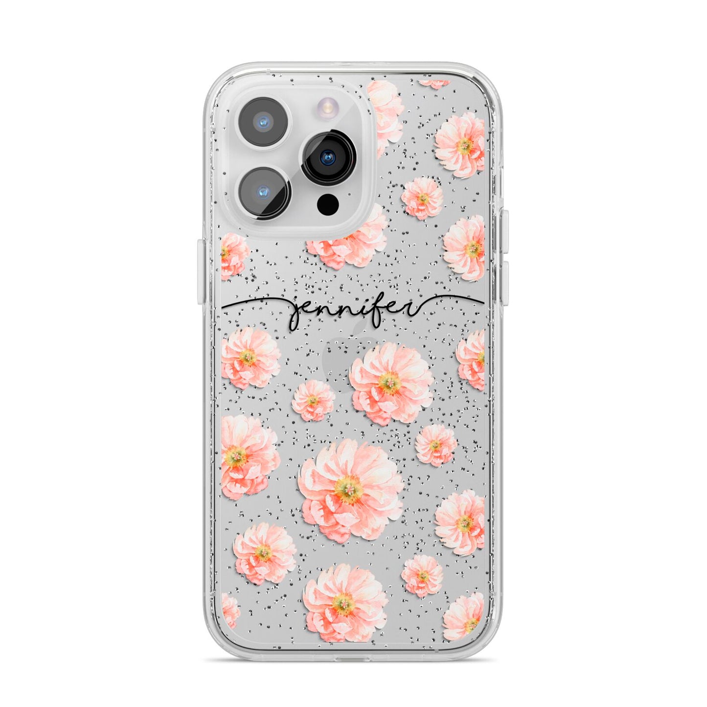 Personalised Flower Name iPhone 14 Pro Max Glitter Tough Case Silver