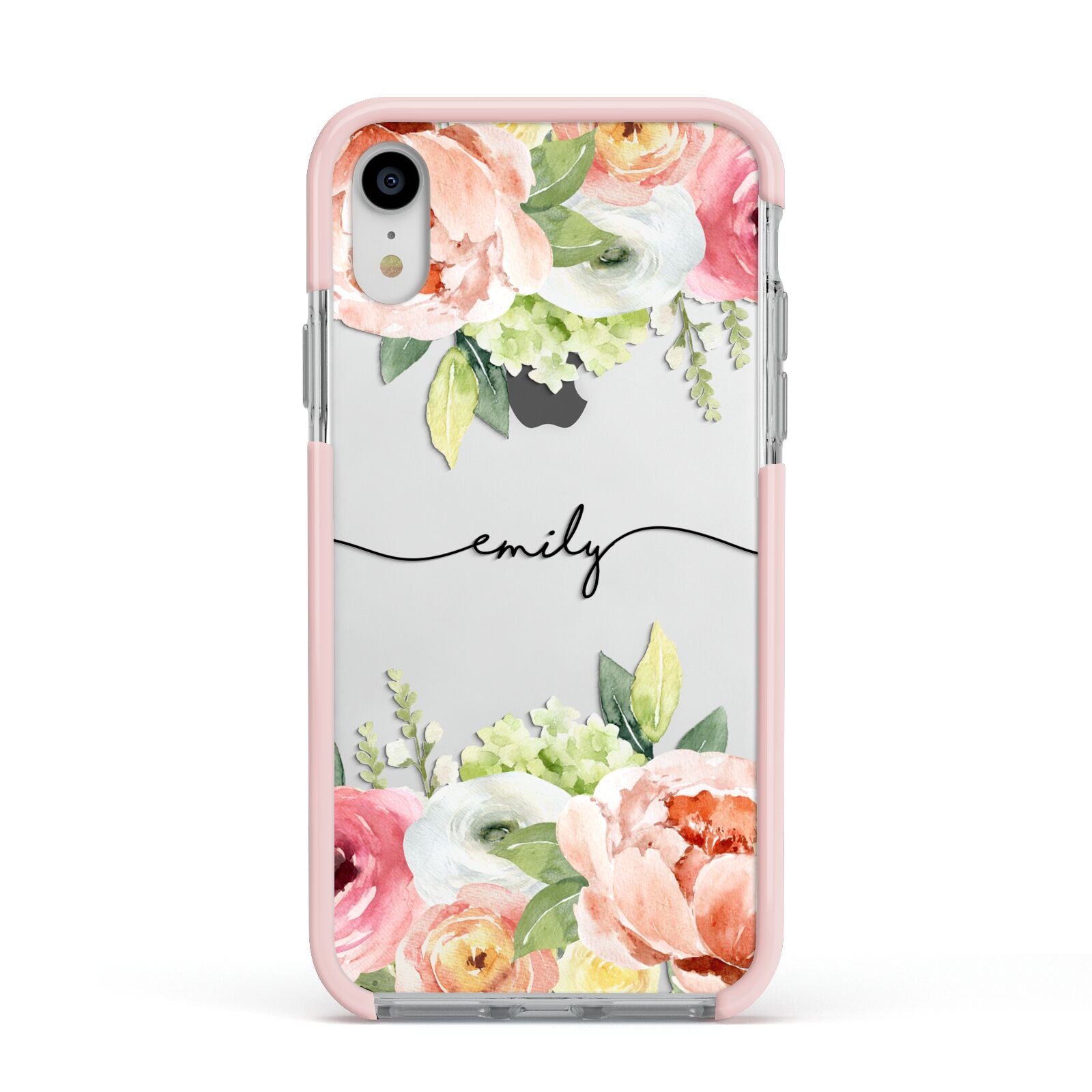 Personalised Flowers Apple iPhone XR Impact Case Pink Edge on Silver Phone