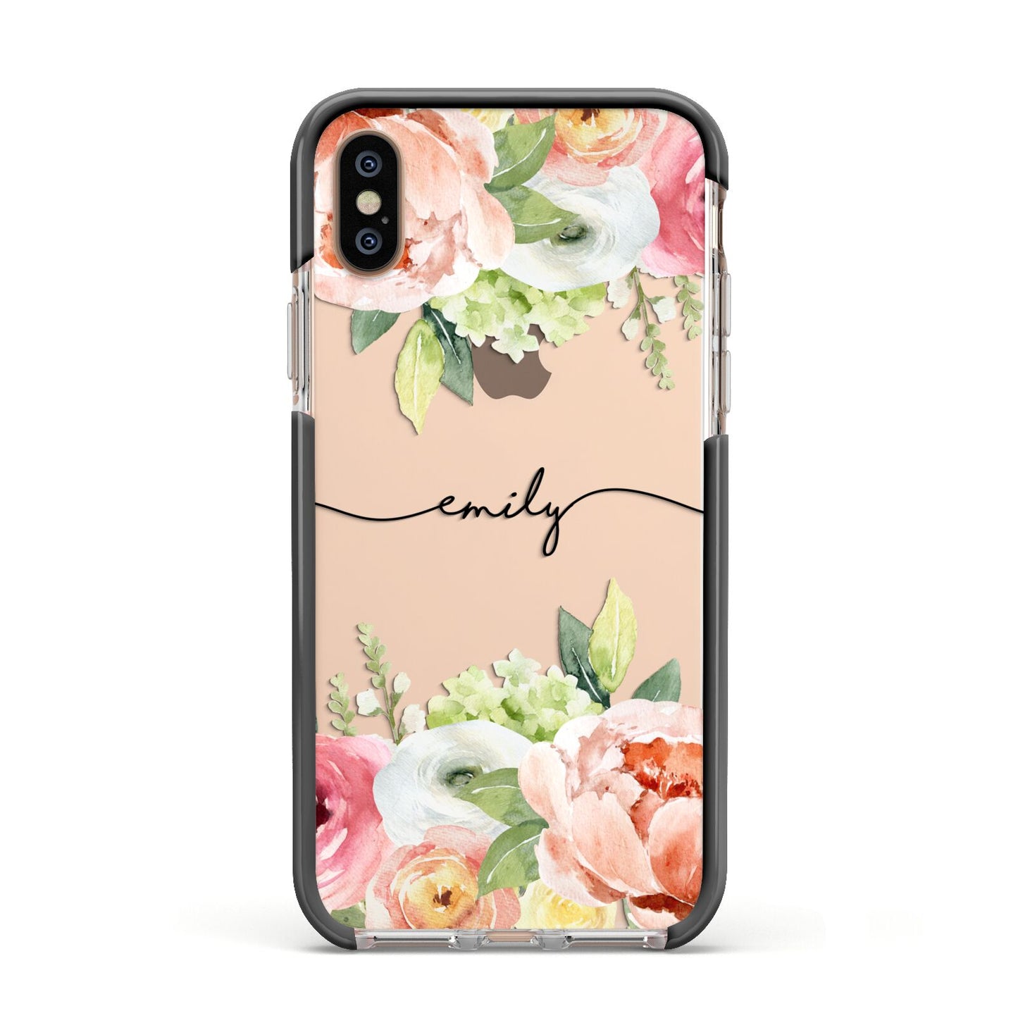 Personalised Flowers Apple iPhone Xs Impact Case Black Edge on Gold Phone