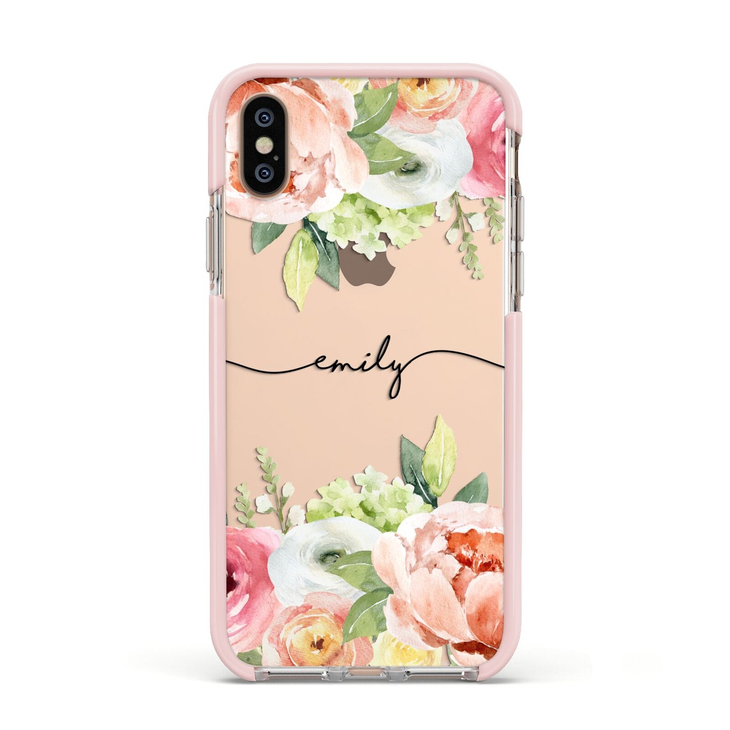 Personalised Flowers Apple iPhone Xs Impact Case Pink Edge on Gold Phone