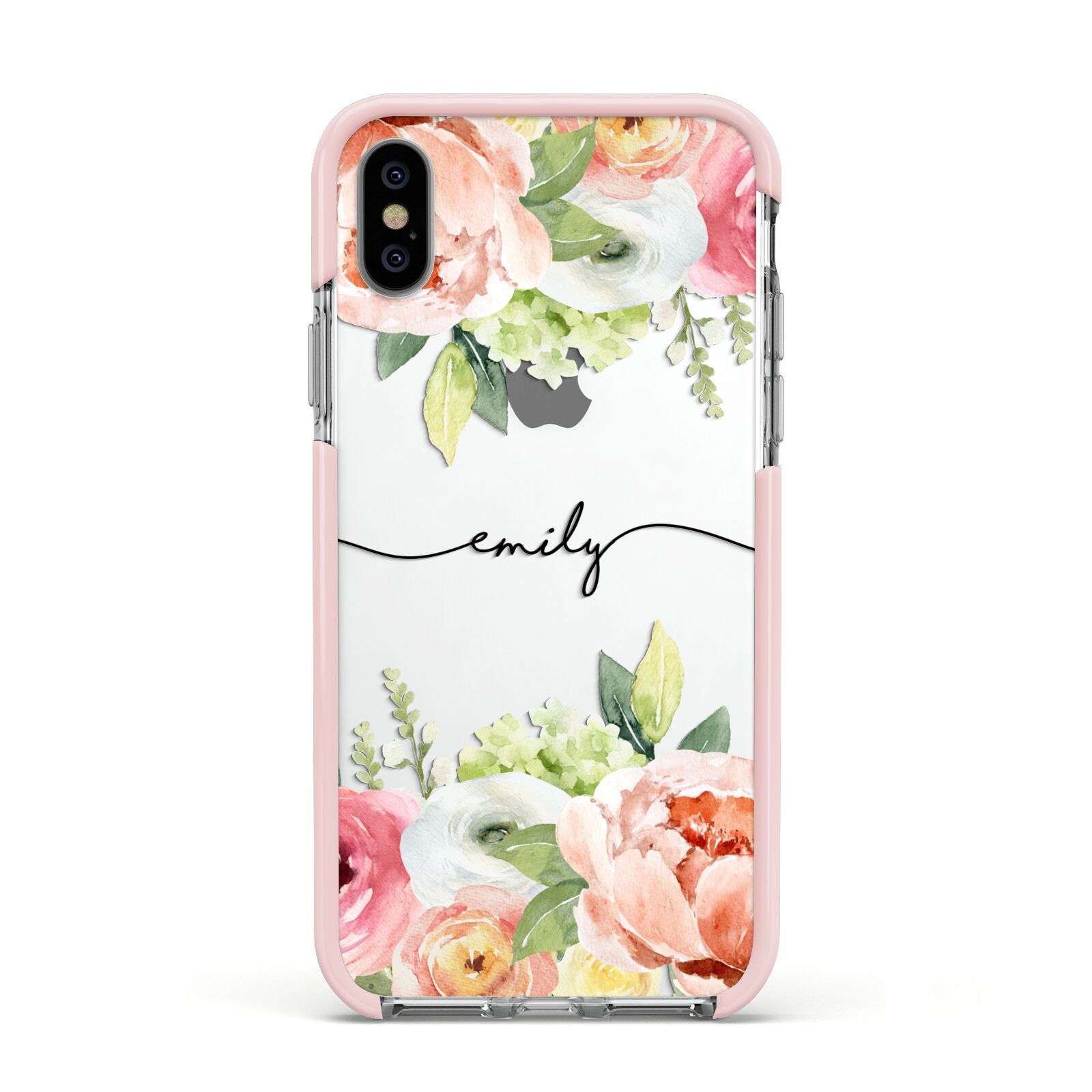 Personalised Flowers Apple iPhone Xs Impact Case Pink Edge on Silver Phone