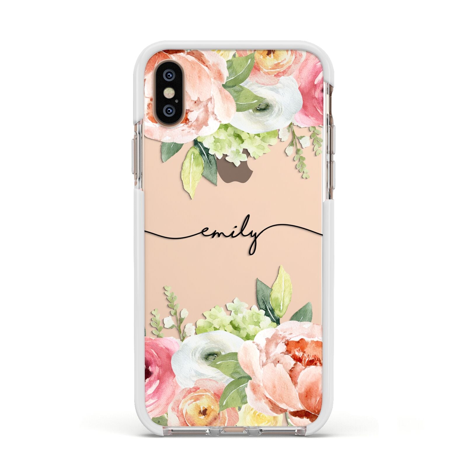 Personalised Flowers Apple iPhone Xs Impact Case White Edge on Gold Phone