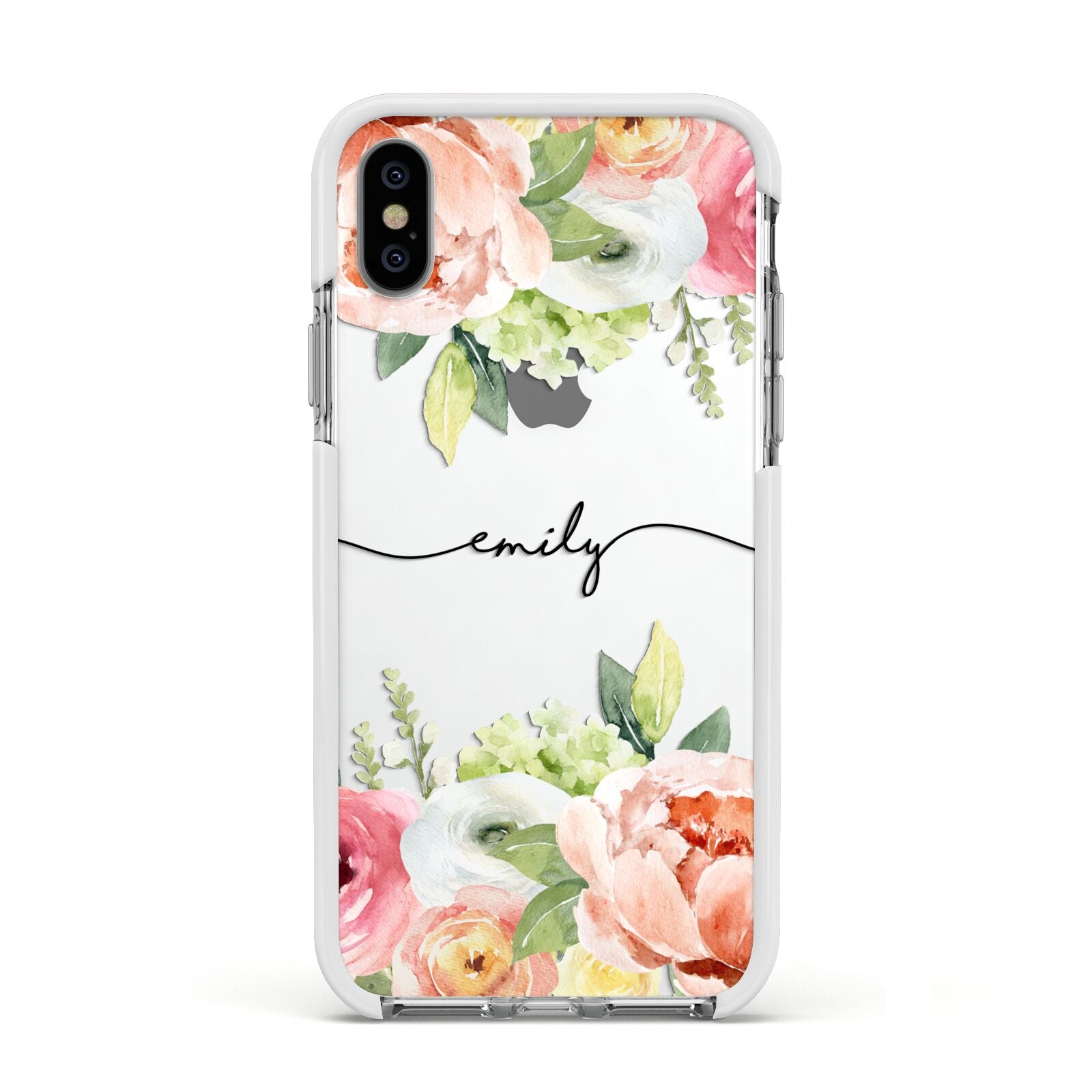 Personalised Flowers Apple iPhone Xs Impact Case White Edge on Silver Phone