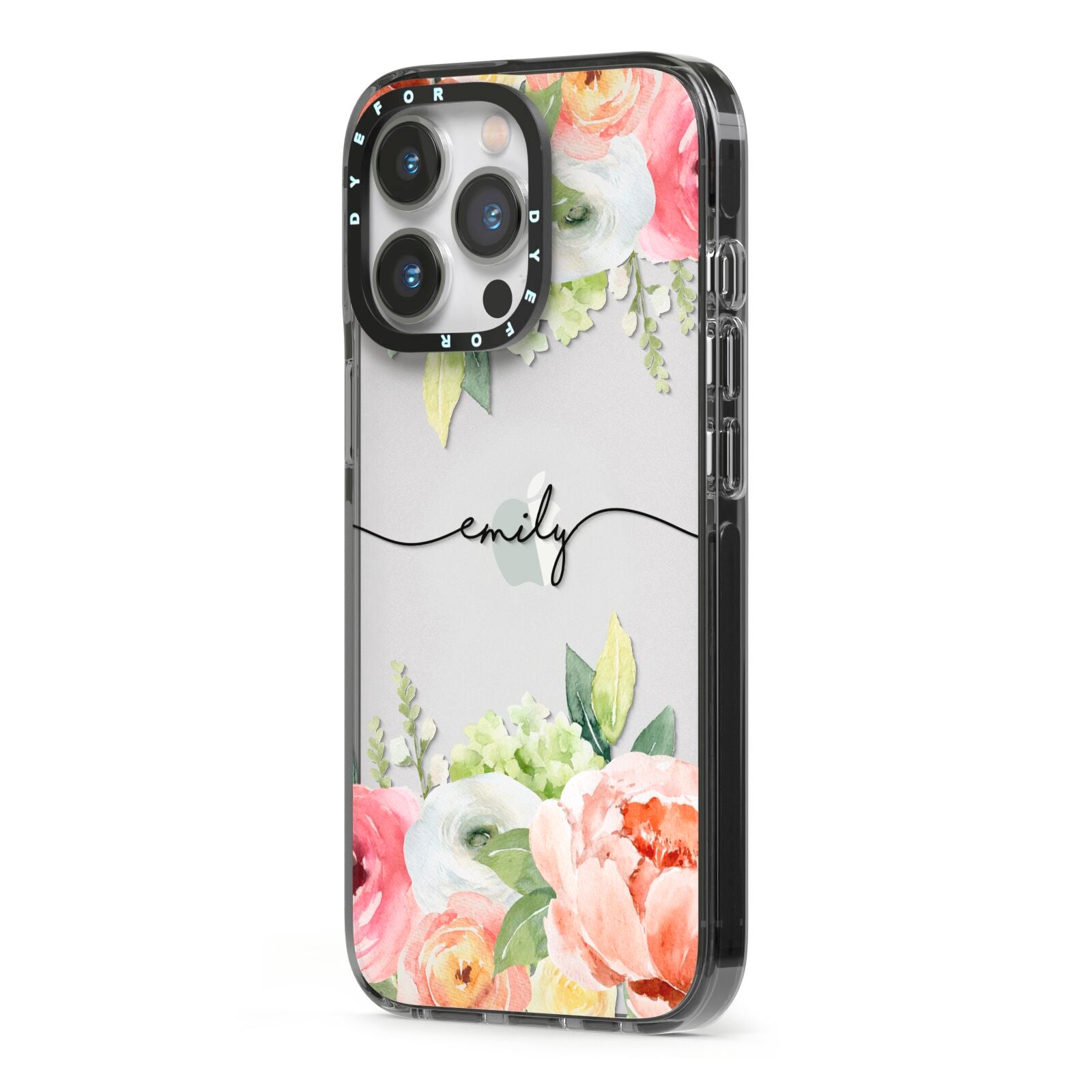 Personalised Flowers iPhone 13 Pro Black Impact Case Side Angle on Silver phone