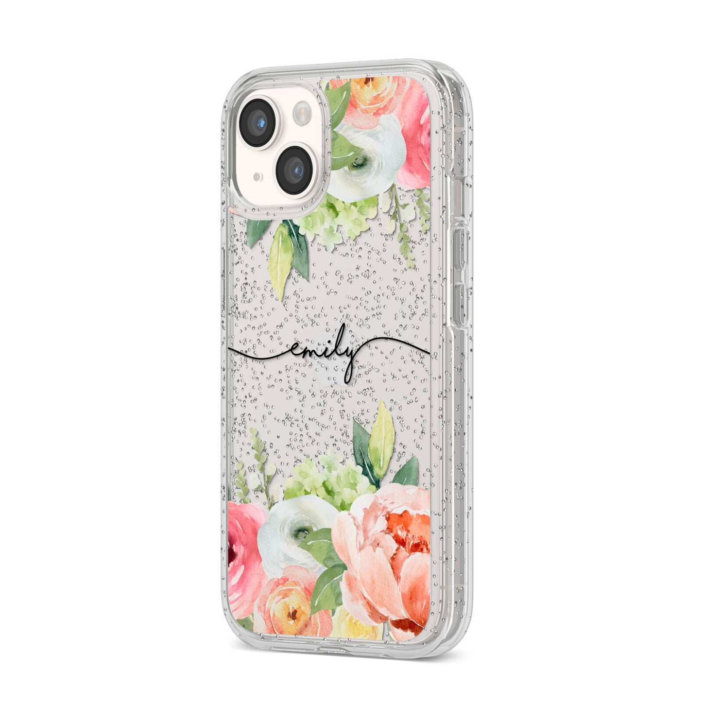 Personalised Flowers iPhone 14 Glitter Tough Case Starlight Angled Image