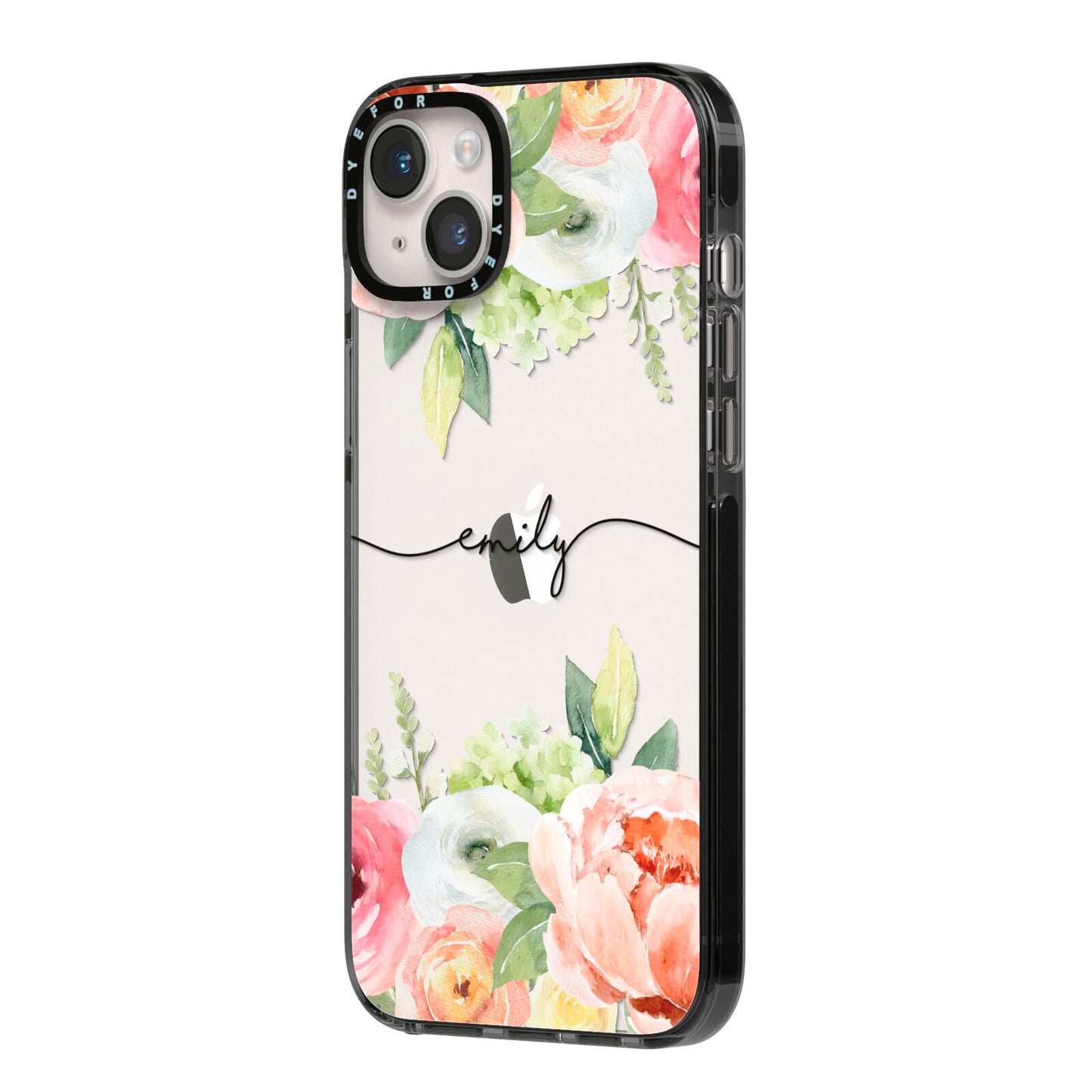 Personalised Flowers iPhone 14 Plus Black Impact Case Side Angle on Silver phone