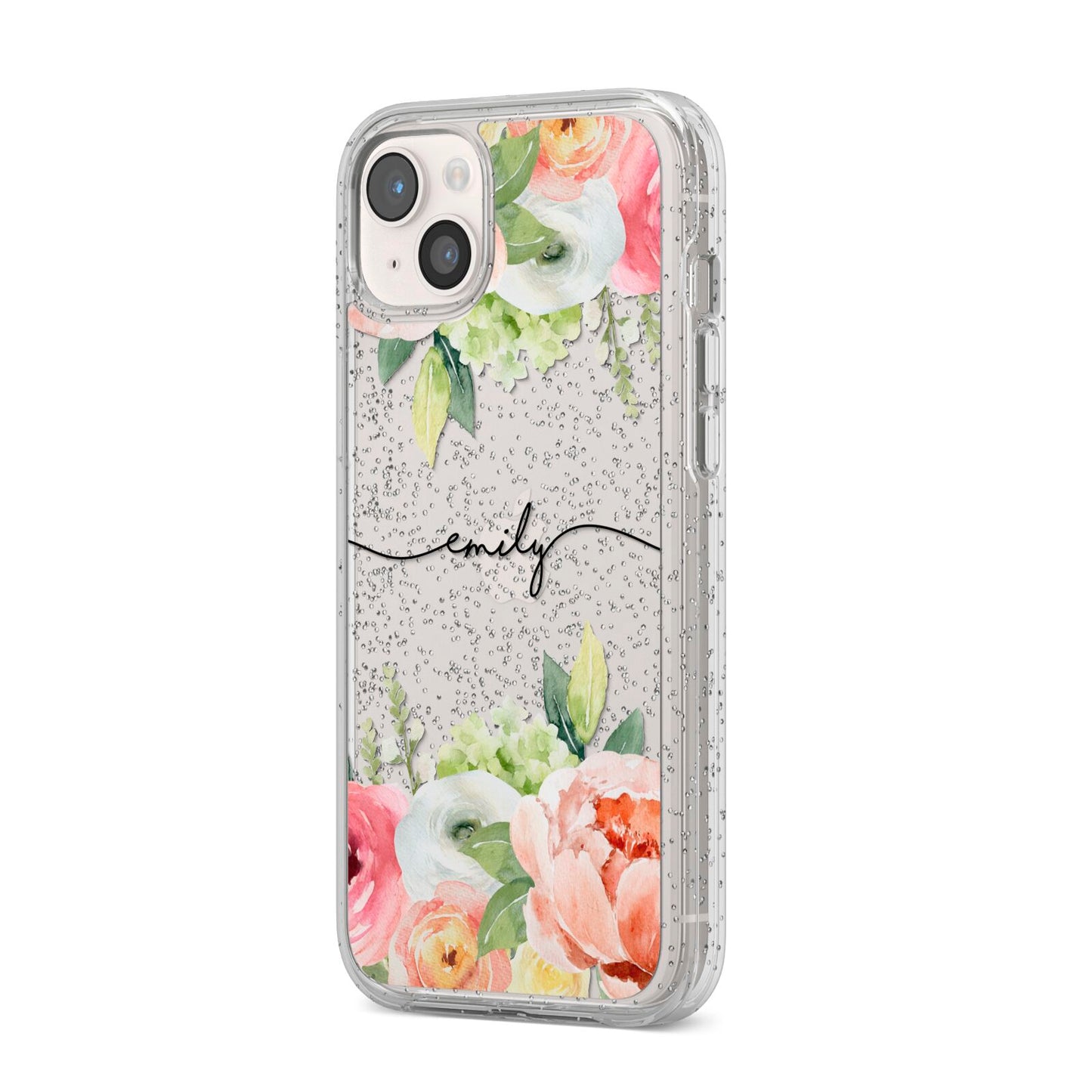 Personalised Flowers iPhone 14 Plus Glitter Tough Case Starlight Angled Image