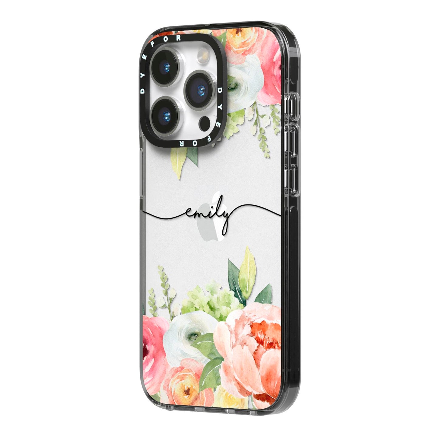 Personalised Flowers iPhone 14 Pro Black Impact Case Side Angle on Silver phone