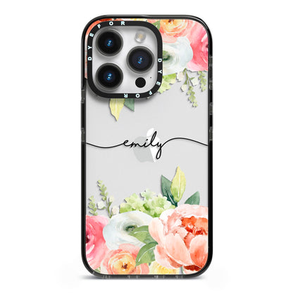 Personalised Flowers iPhone 14 Pro Black Impact Case on Silver phone
