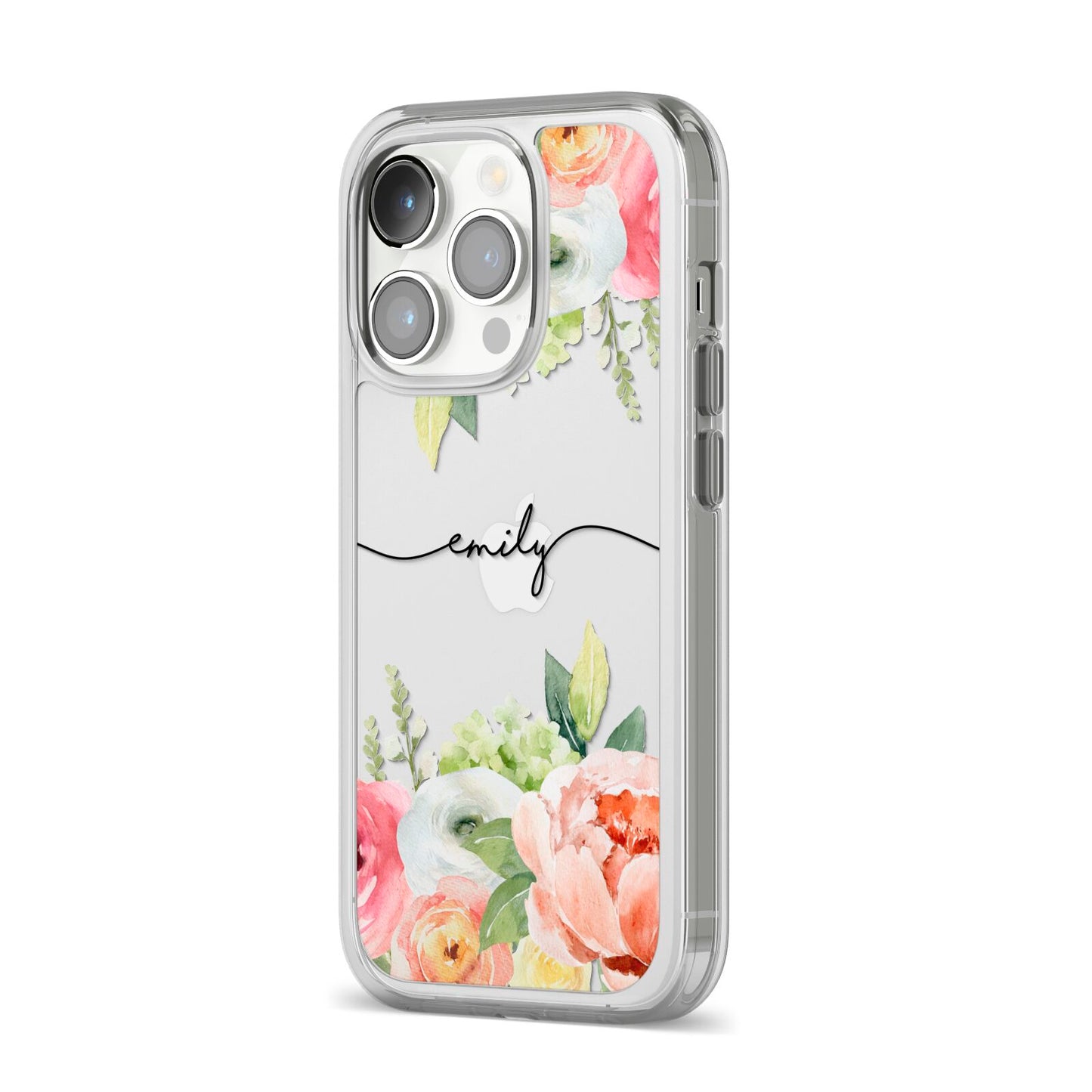 Personalised Flowers iPhone 14 Pro Clear Tough Case Silver Angled Image